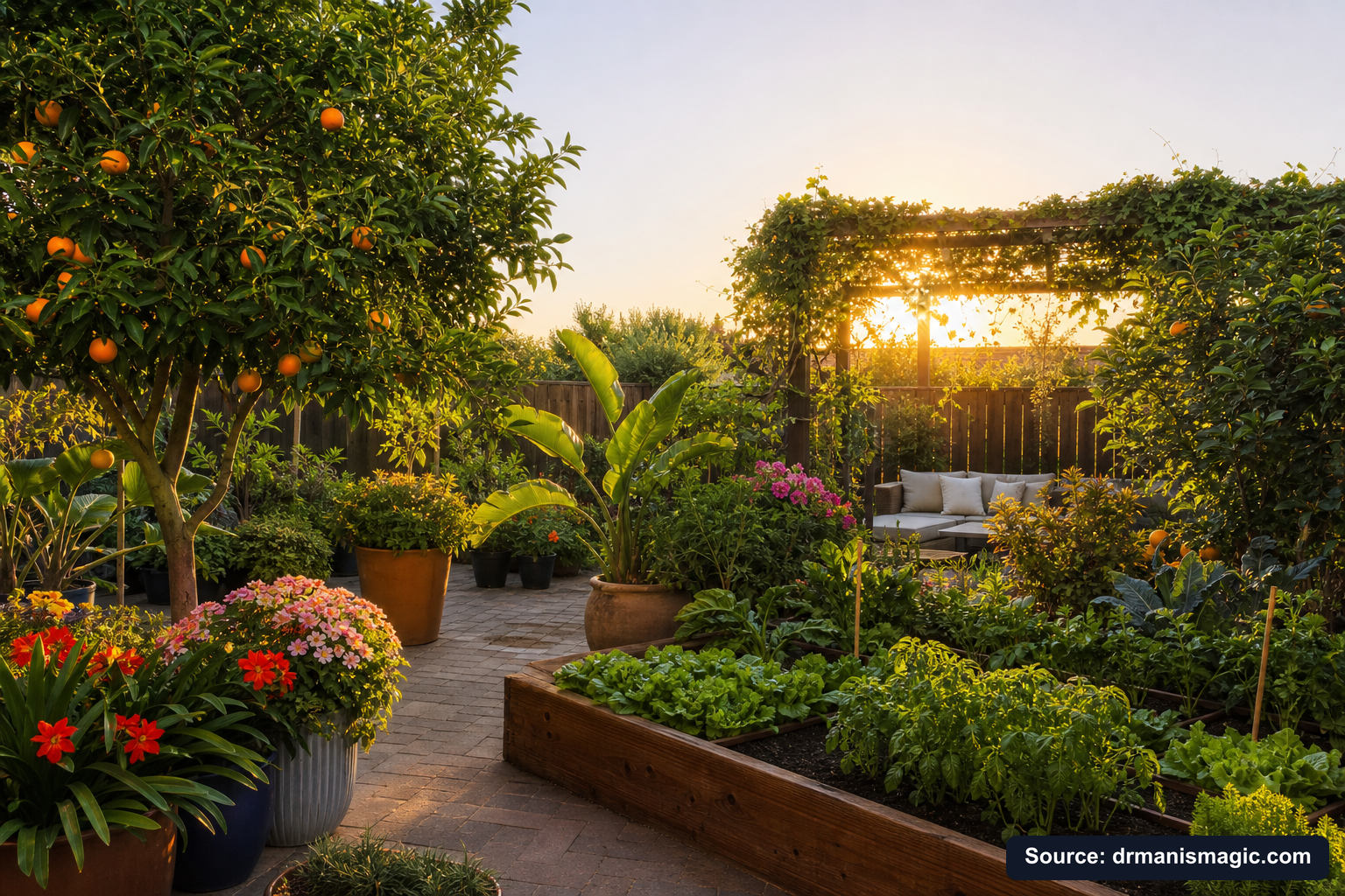 Lush, thriving backyard garden full of healthy plants and trees