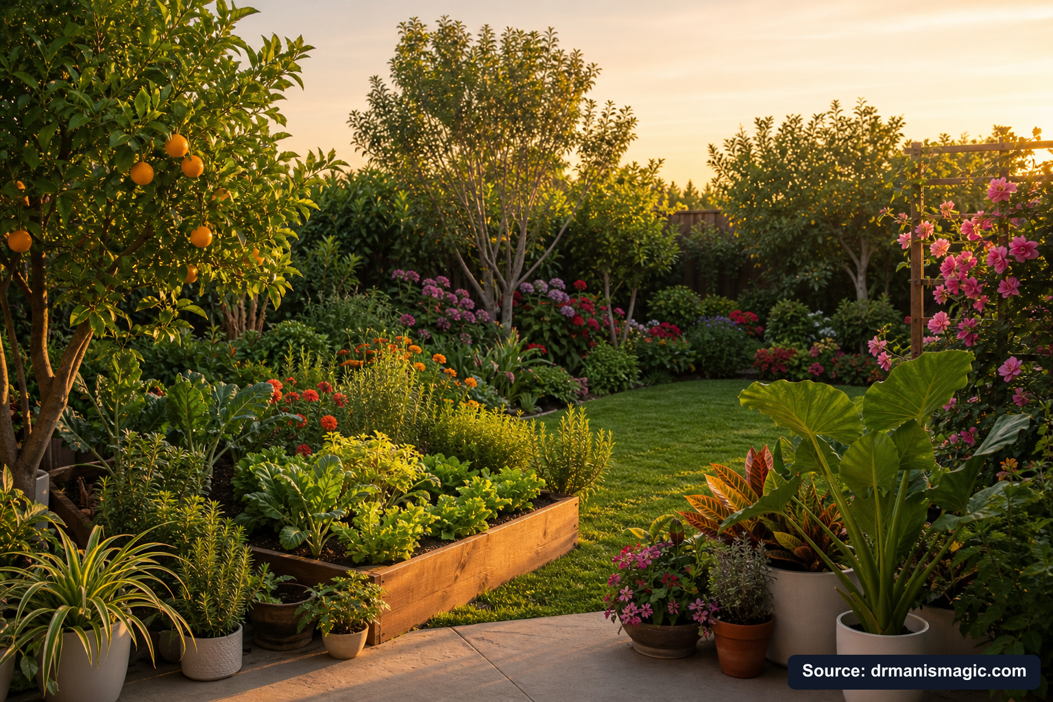 Lush, thriving backyard garden full of healthy plants and trees