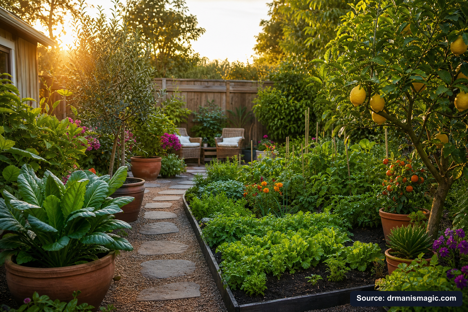 Lush, thriving backyard garden full of healthy plants and trees