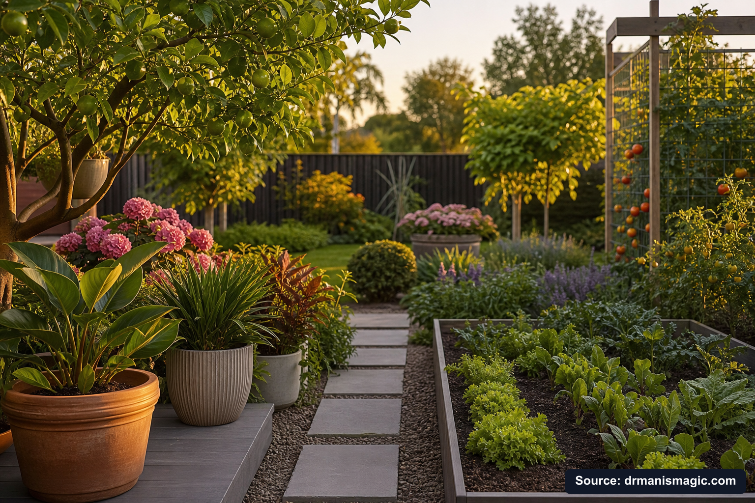 Lush, thriving backyard garden full of healthy plants and trees