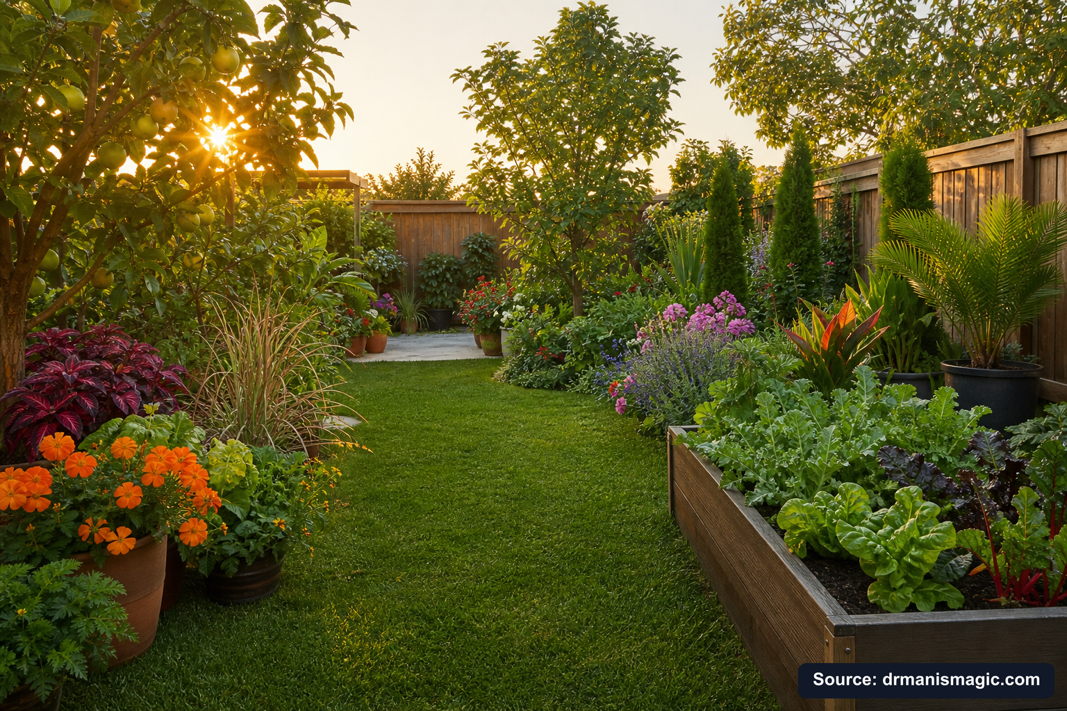 Lush, thriving backyard garden full of healthy plants and trees