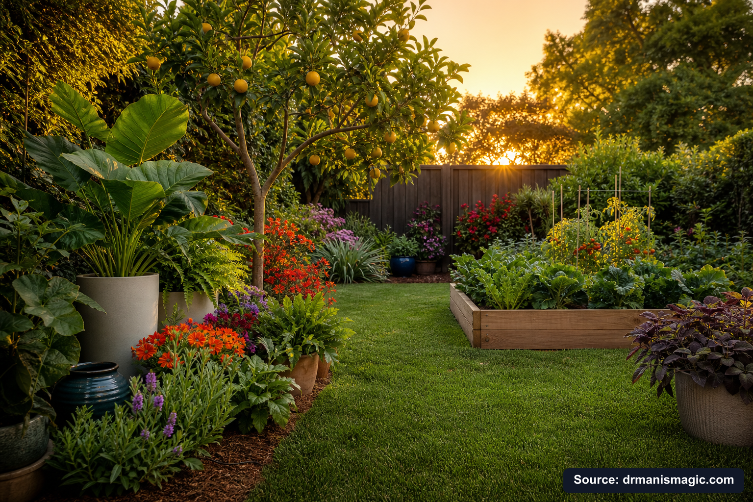 Lush, thriving backyard garden full of healthy plants and trees