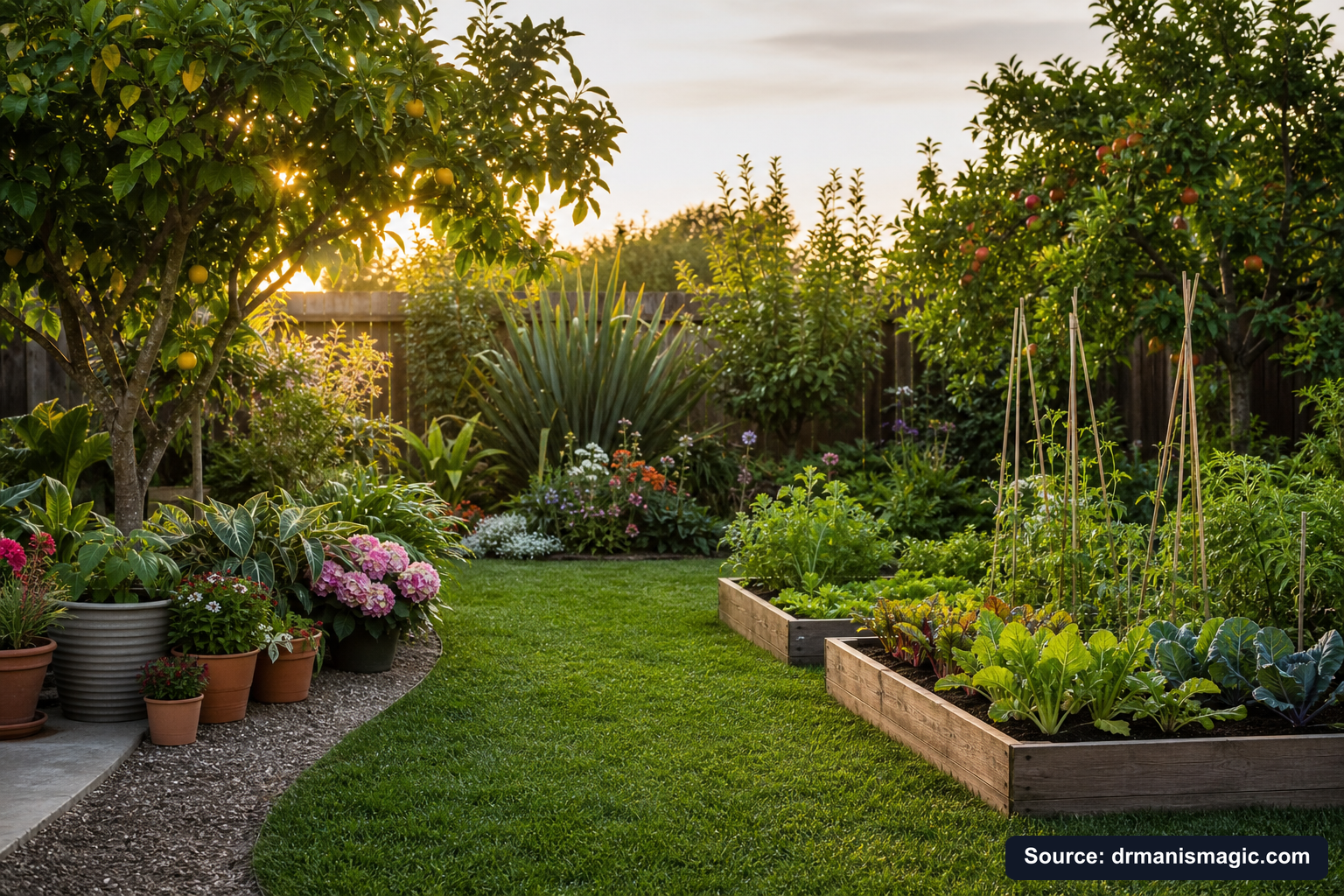 Lush, thriving backyard garden full of healthy plants and trees