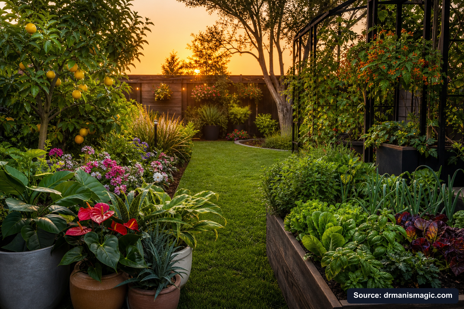 Lush, thriving backyard garden full of healthy plants and trees