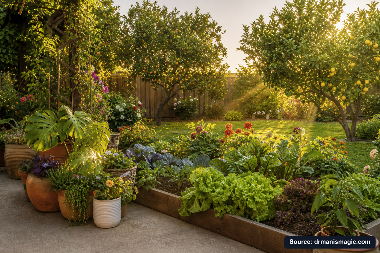 Lush, thriving backyard garden full of healthy plants and trees