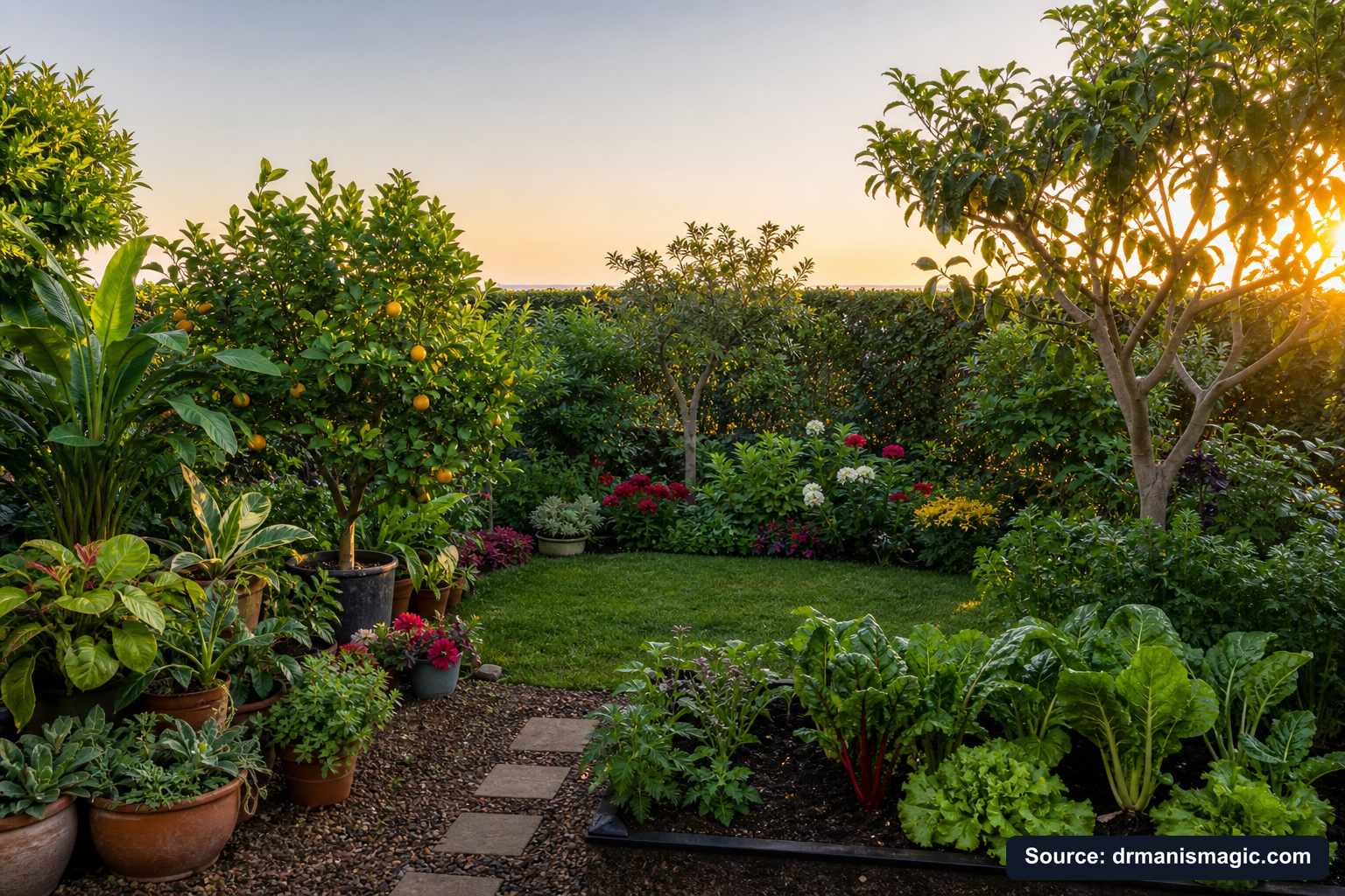 Lush, thriving backyard garden full of healthy plants and trees