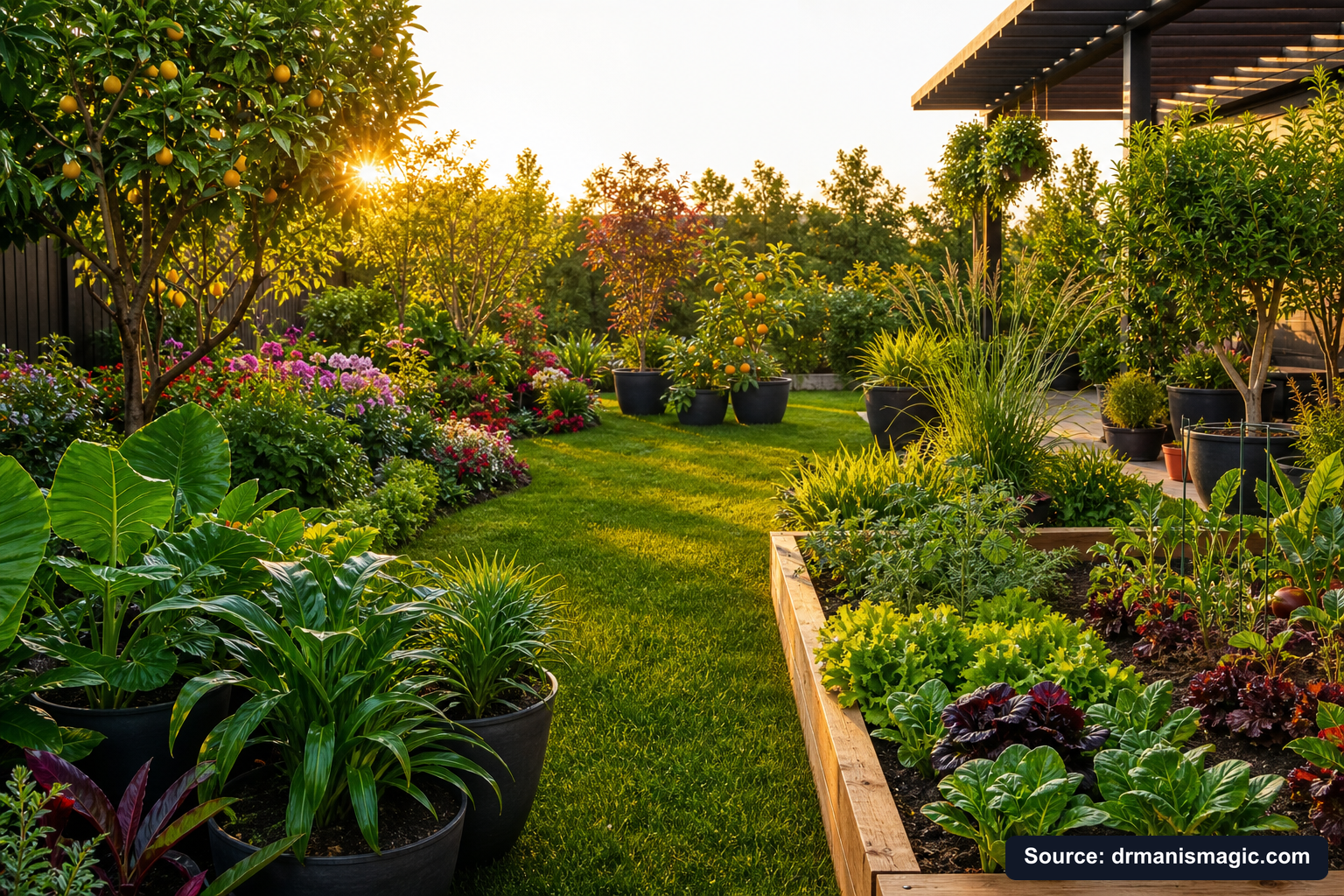 Lush, thriving backyard garden full of healthy plants and trees
