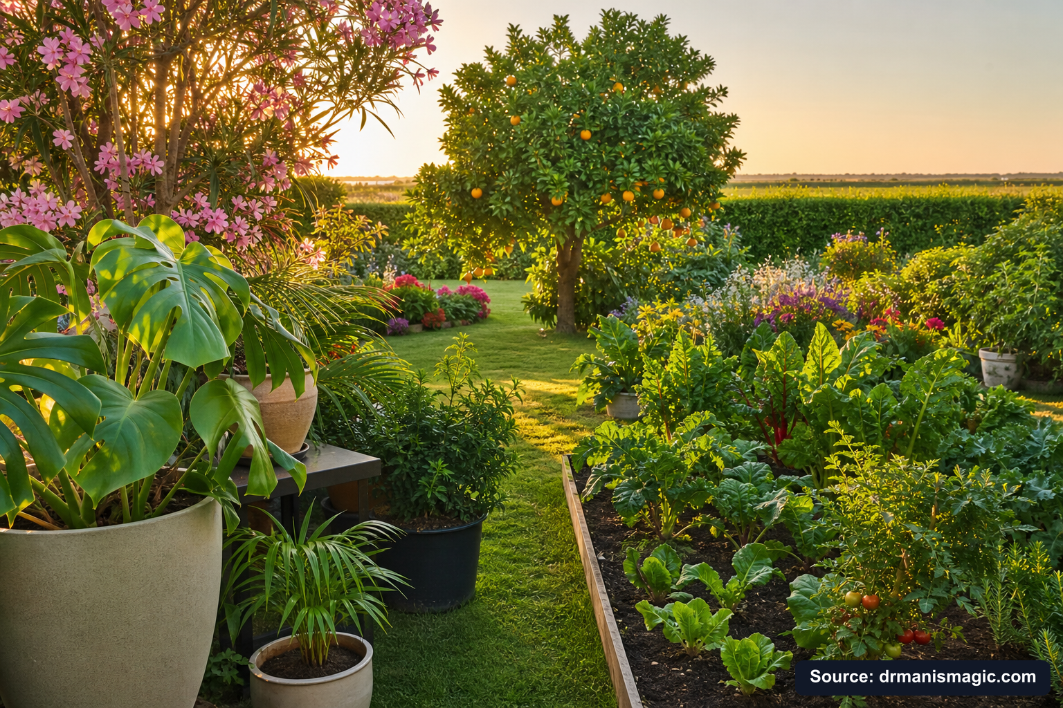 Lush, thriving backyard garden full of healthy plants and trees