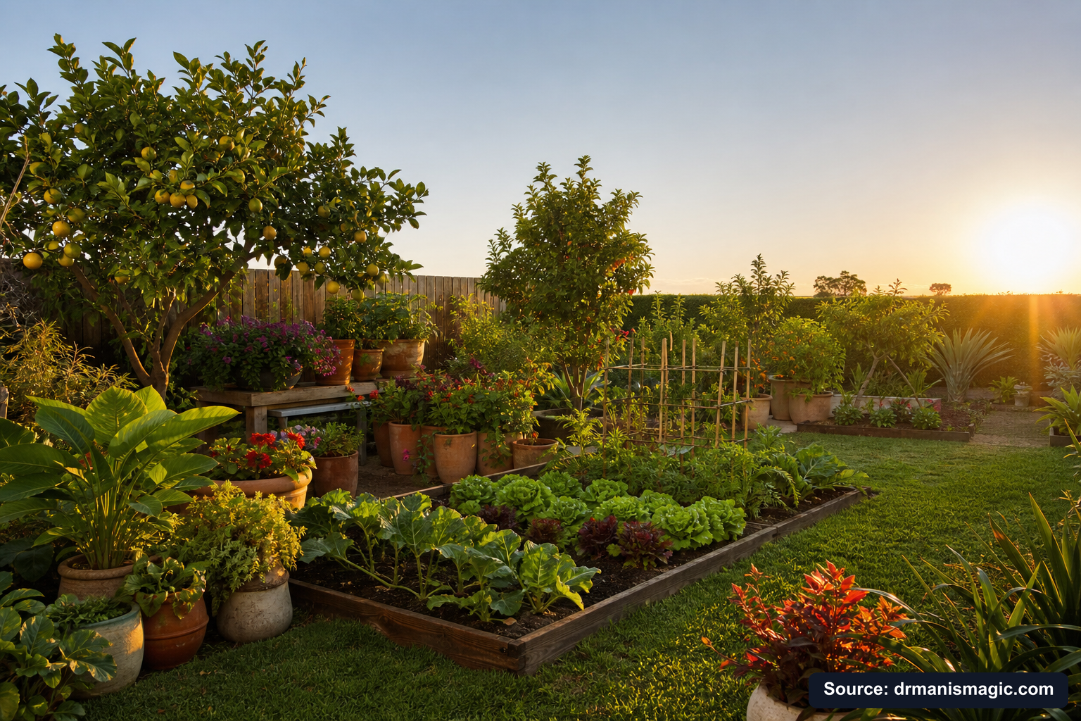 Lush, thriving backyard garden full of healthy plants and trees
