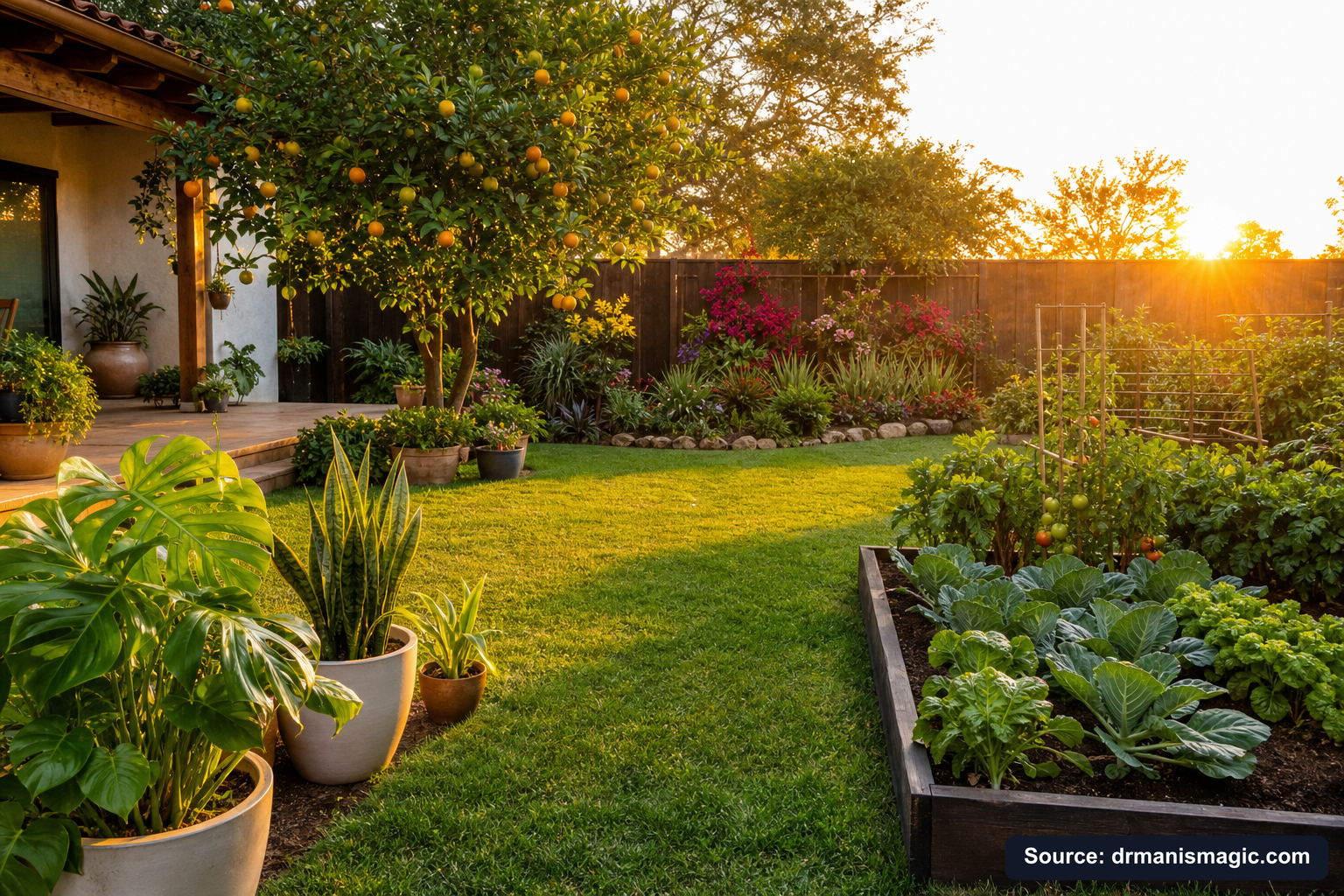 Lush, thriving backyard garden full of healthy plants and trees