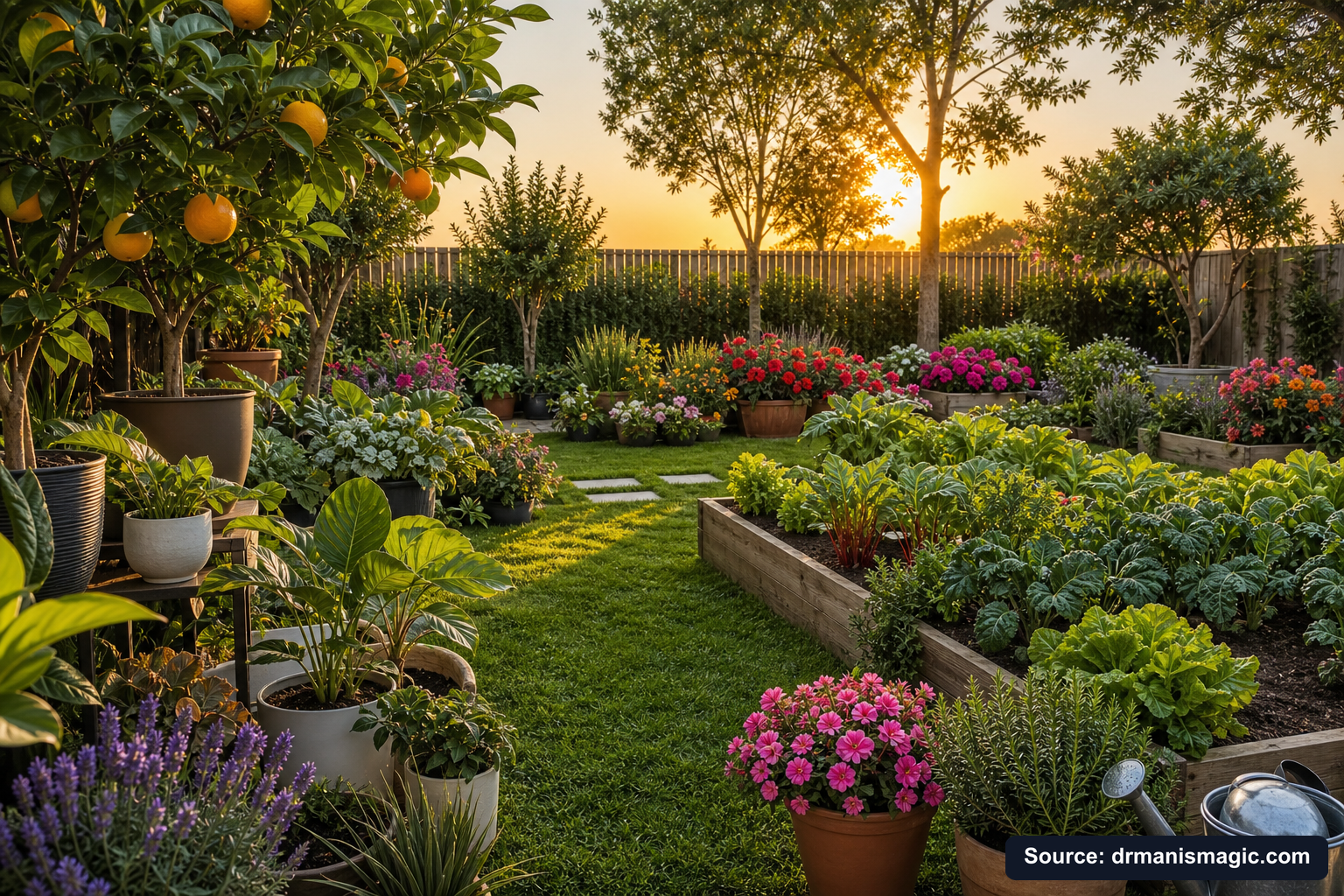 Lush, thriving backyard garden full of healthy plants and trees