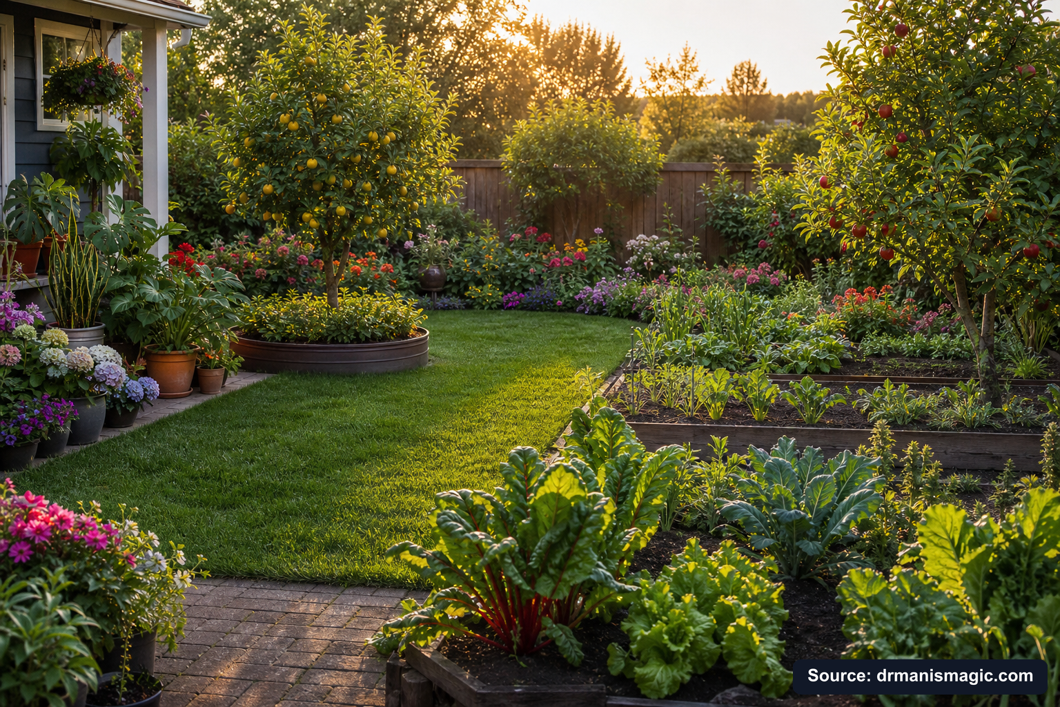 Lush, thriving backyard garden full of healthy plants and trees