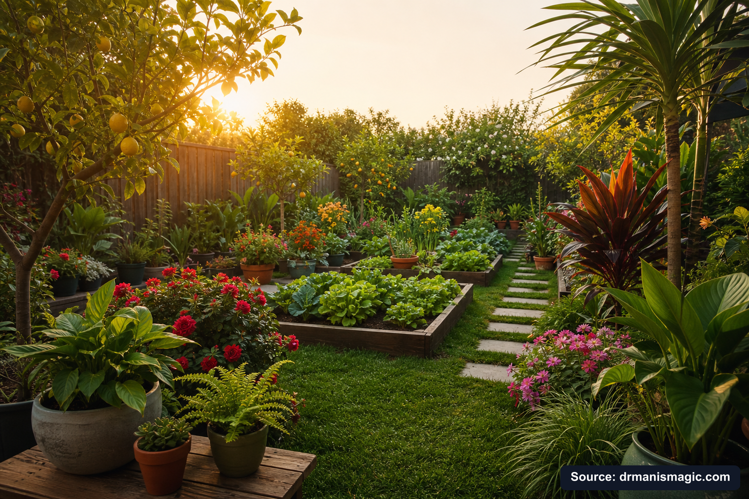 Lush, thriving backyard garden full of healthy plants and trees