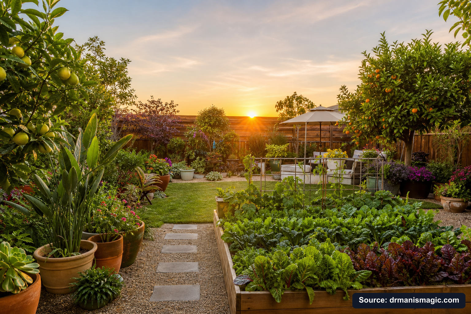 Lush, thriving backyard garden full of healthy plants and trees