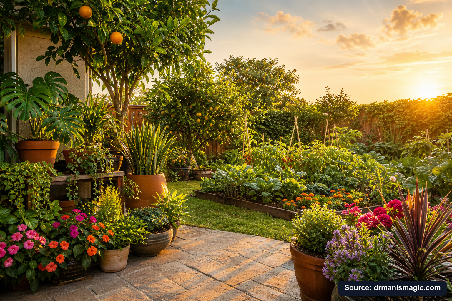 Lush, thriving backyard garden full of healthy plants and trees