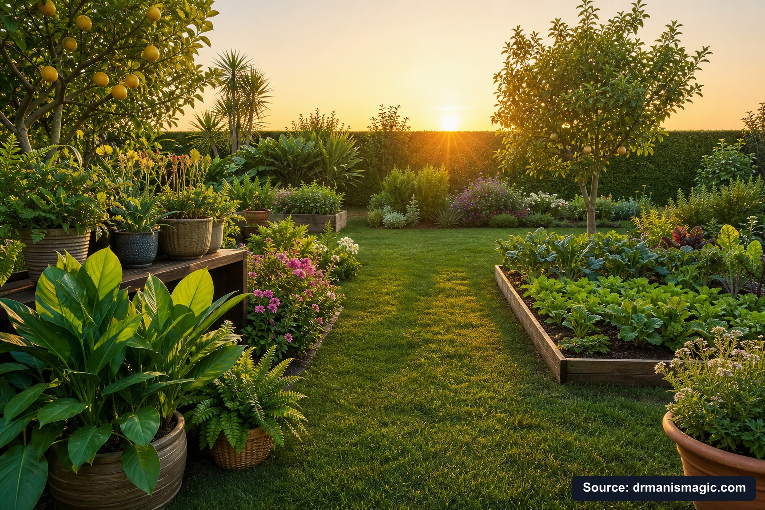Lush, thriving backyard garden full of healthy plants and trees