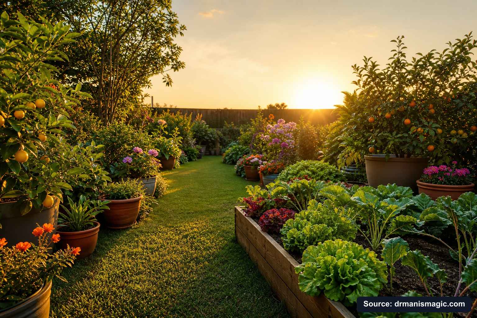Lush, thriving backyard garden full of healthy plants and trees
