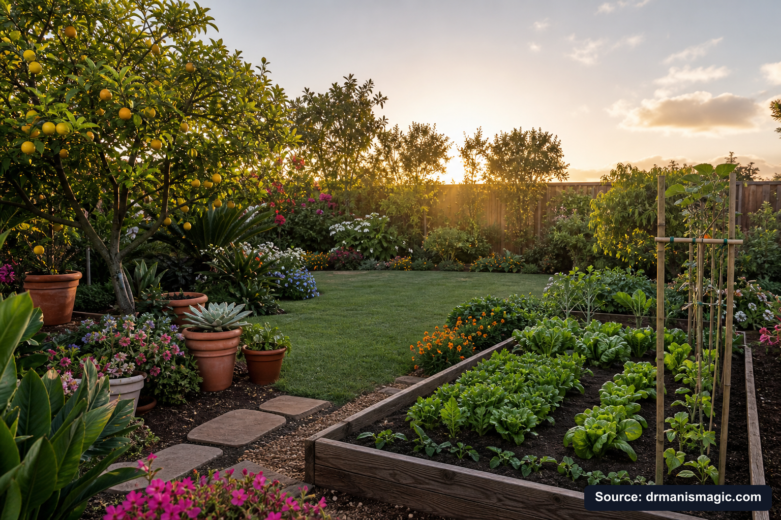 Lush, thriving backyard garden full of healthy plants and trees