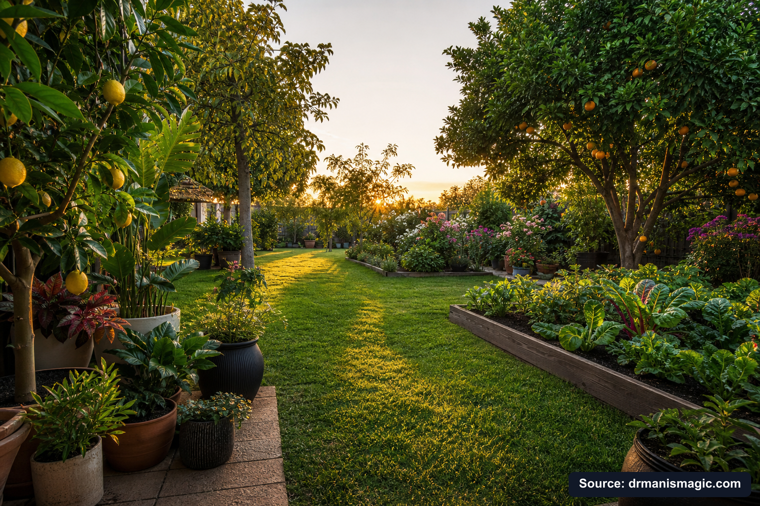 Lush, thriving backyard garden full of healthy plants and trees