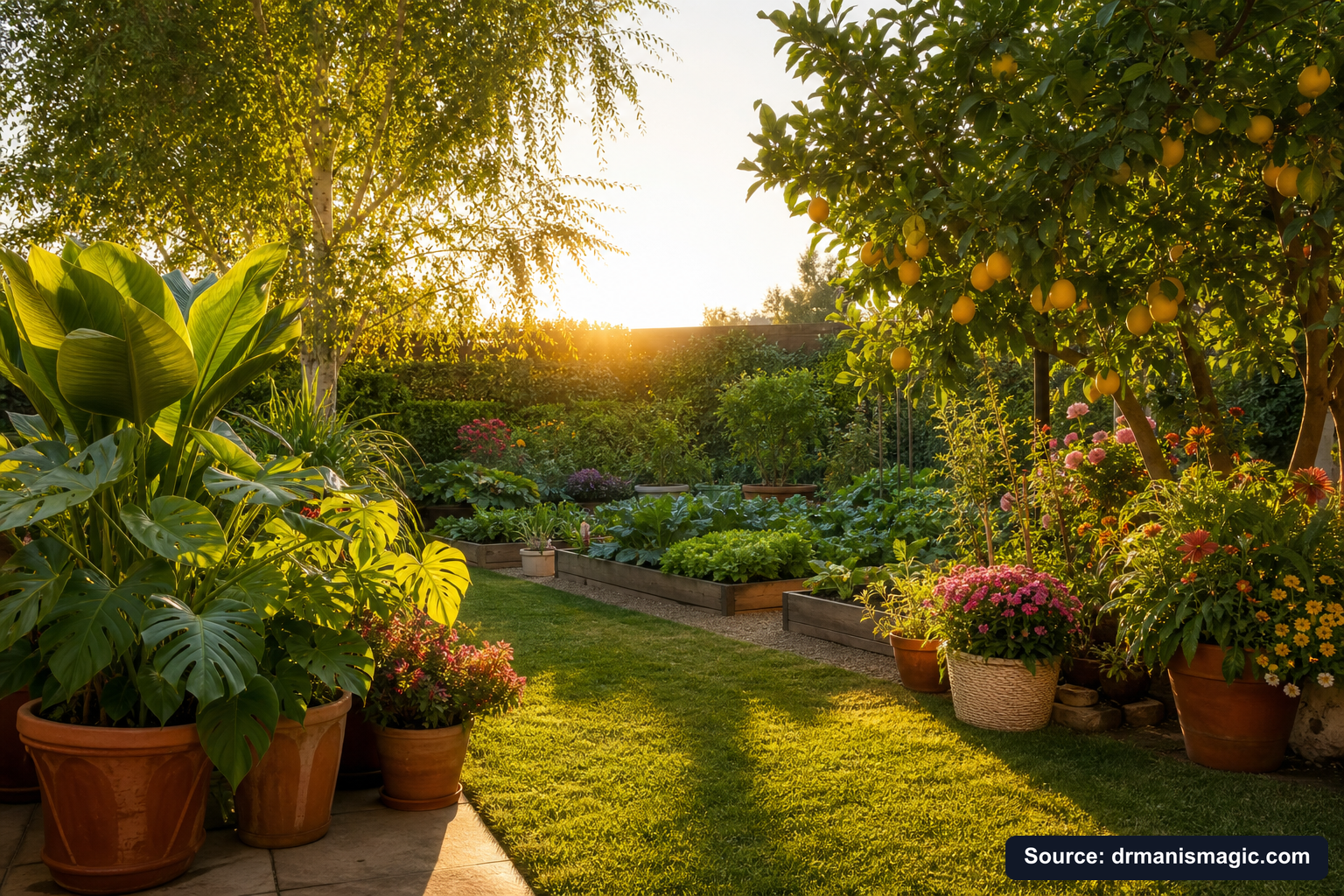 Lush, thriving backyard garden full of healthy plants and trees