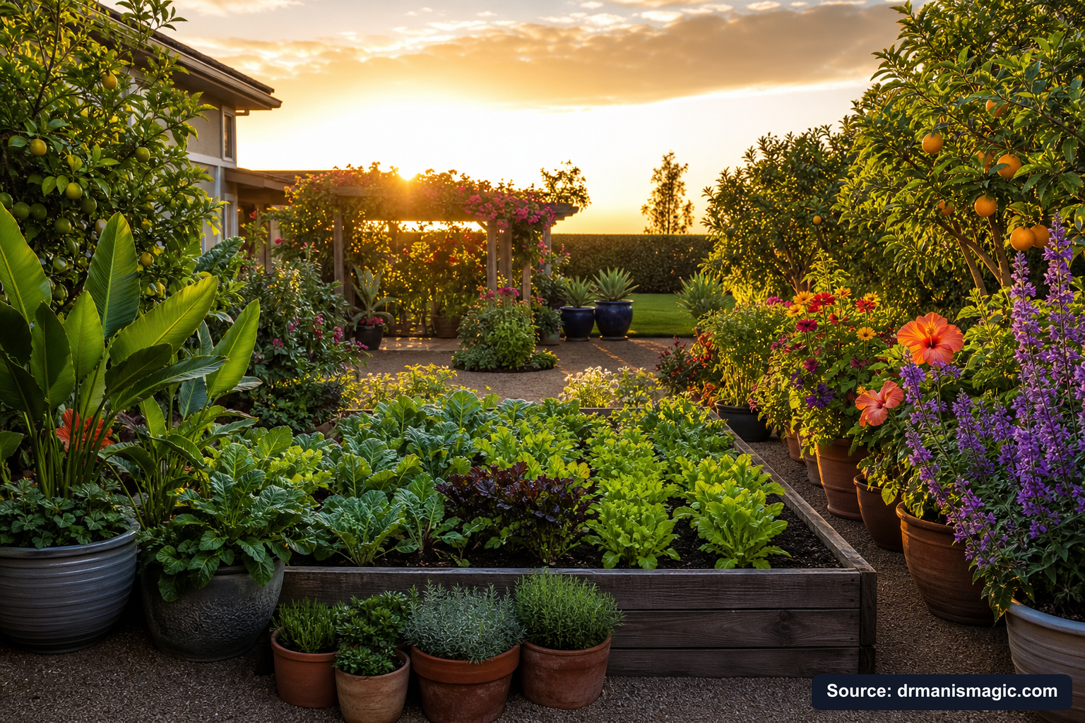 Lush, thriving backyard garden full of healthy plants and trees