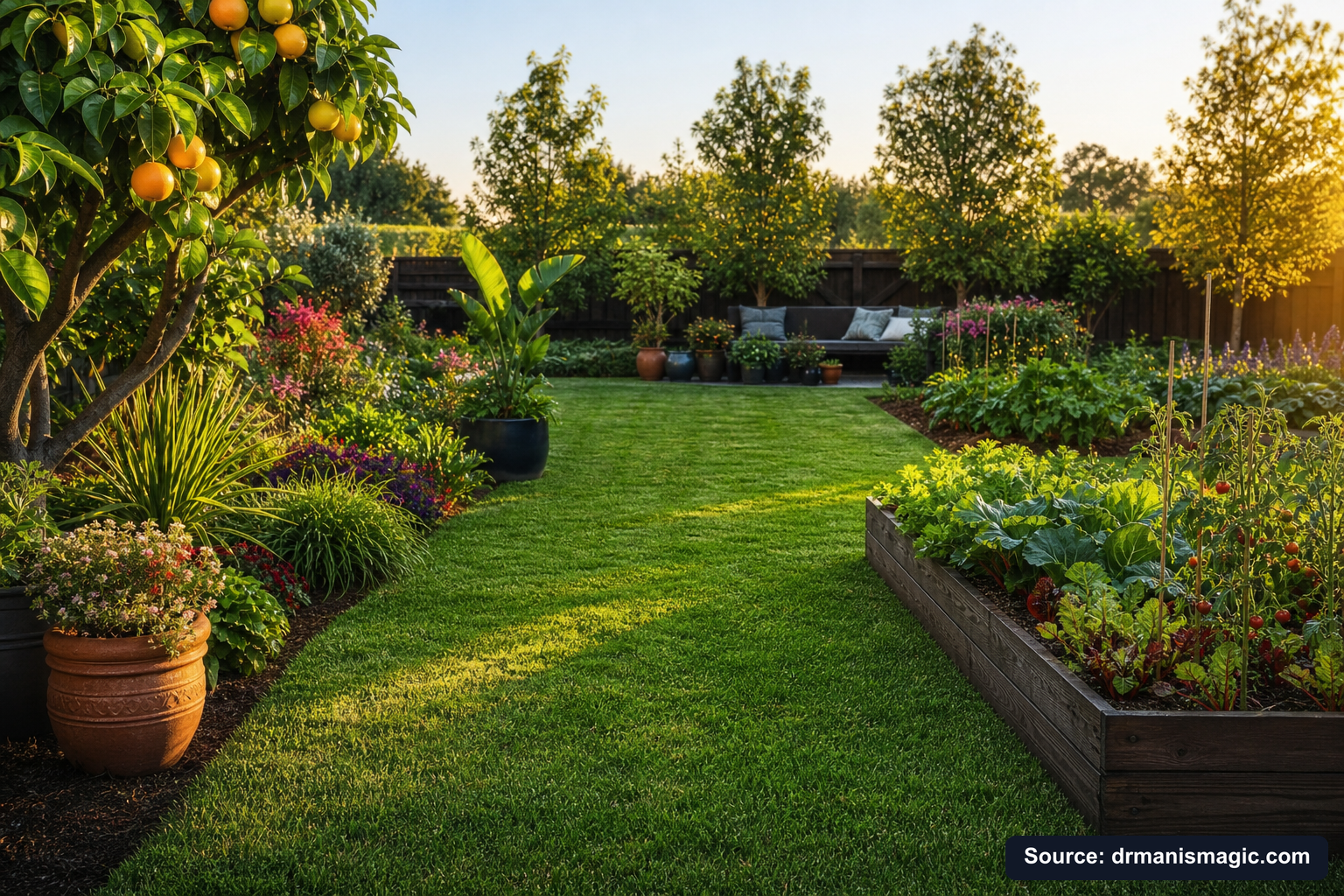 Lush, thriving backyard garden full of healthy plants and trees