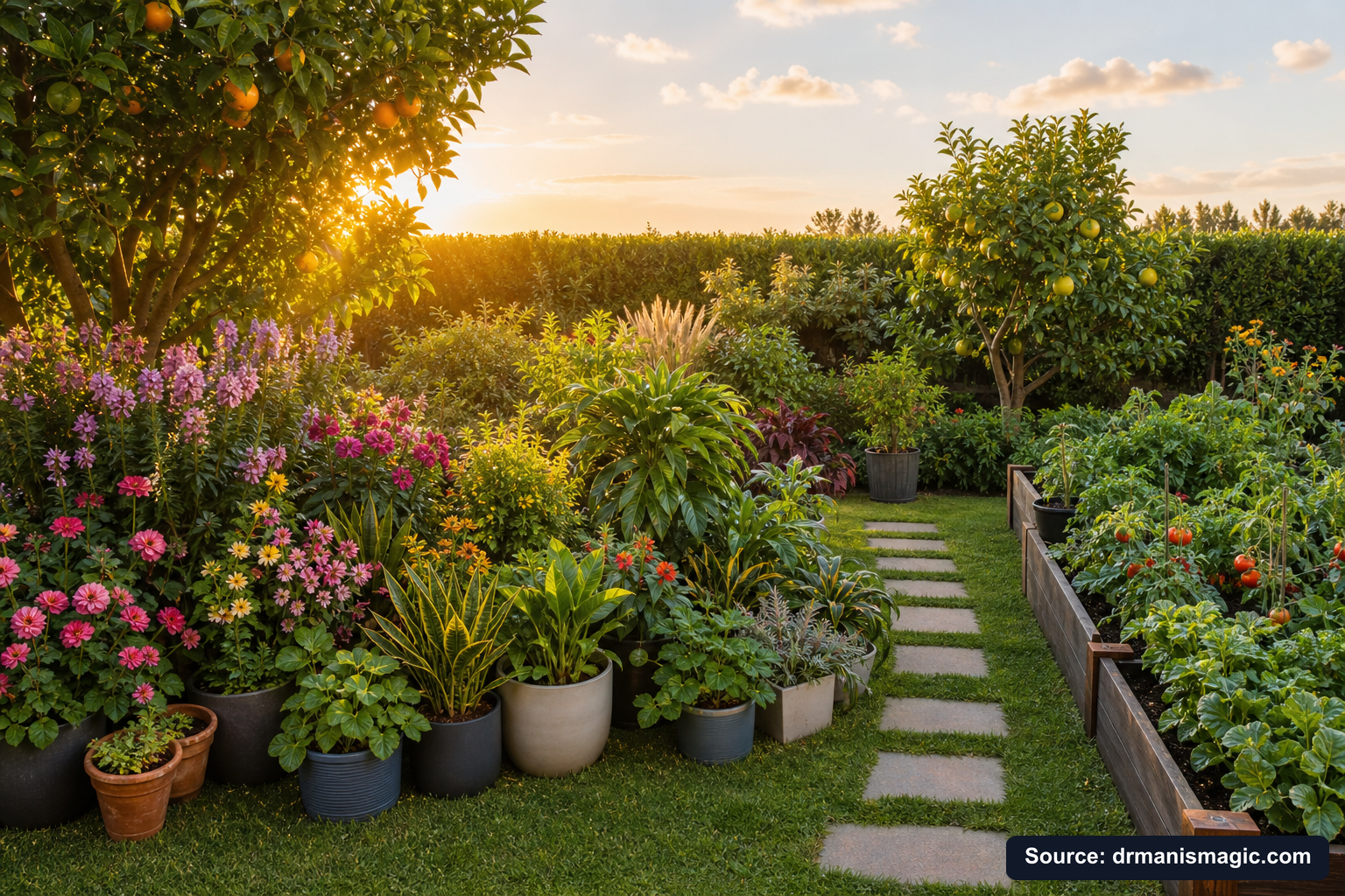 Lush, thriving backyard garden full of healthy plants and trees