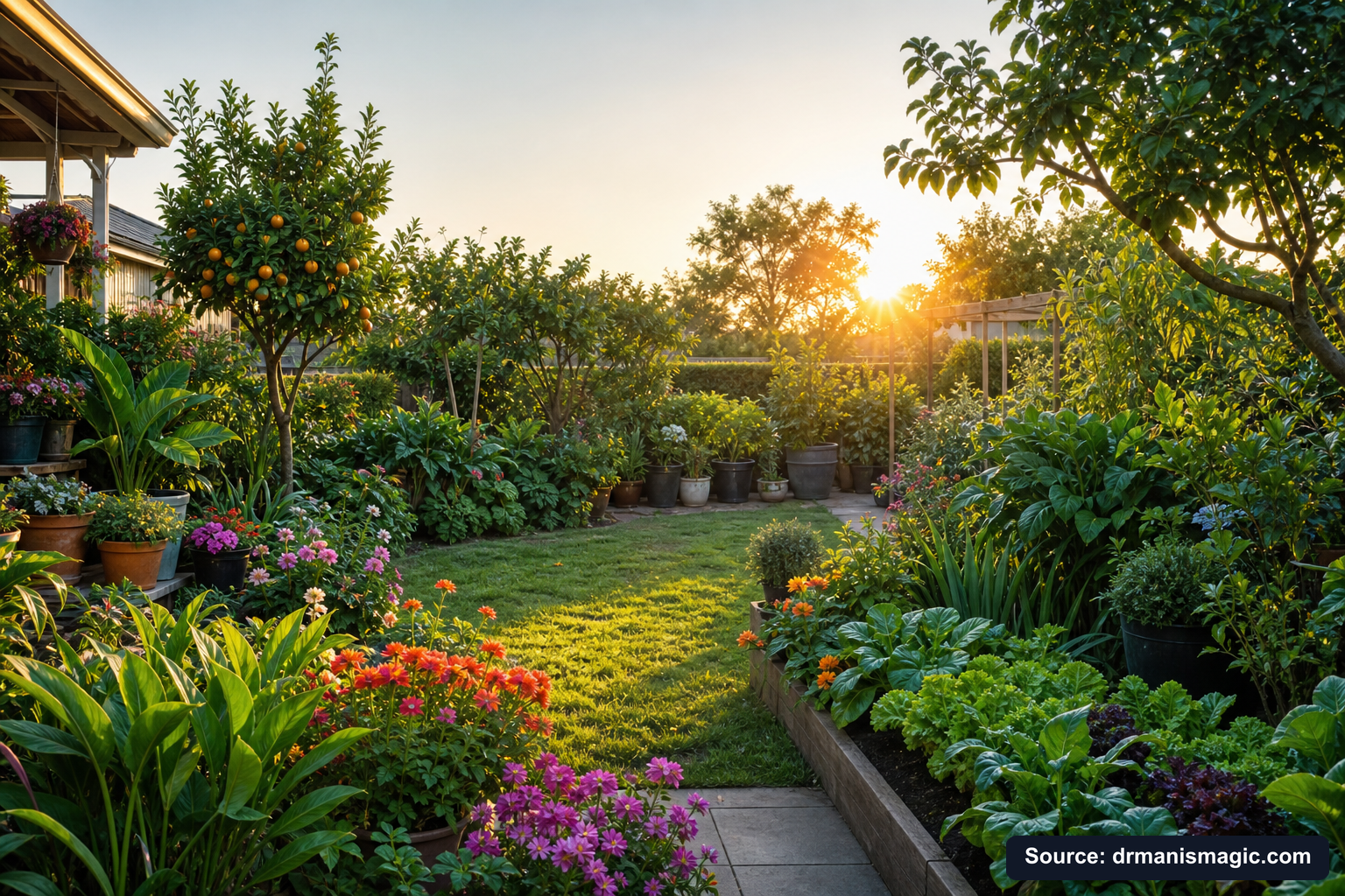 Lush, thriving backyard garden full of healthy plants and trees