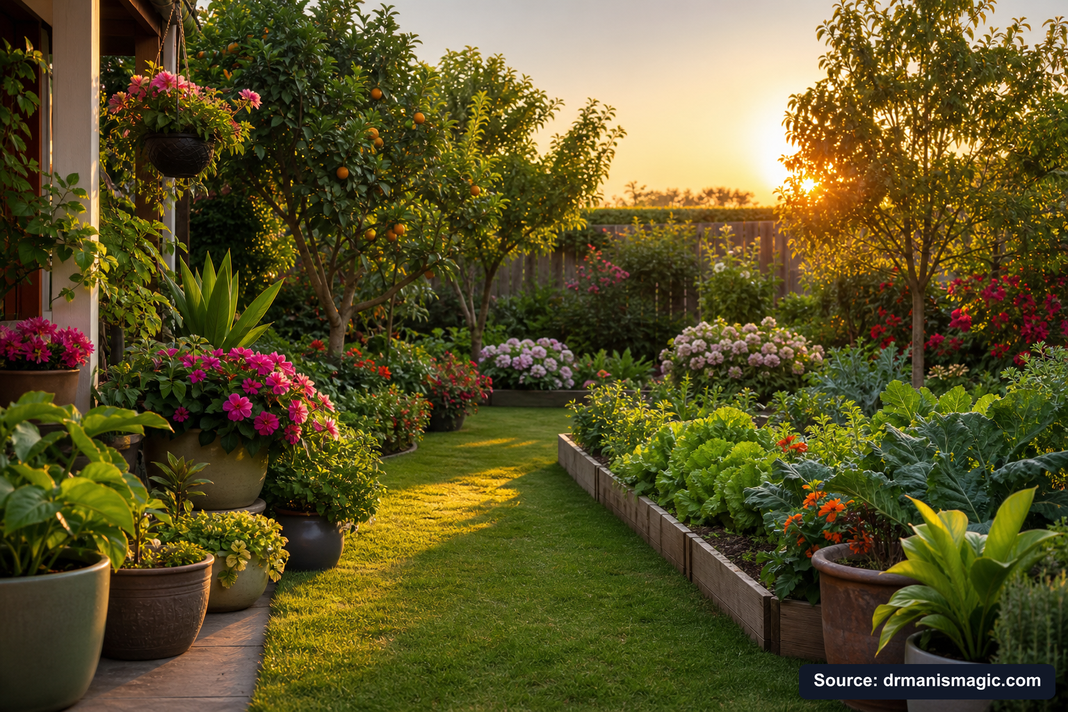 Lush, thriving backyard garden full of healthy plants and trees