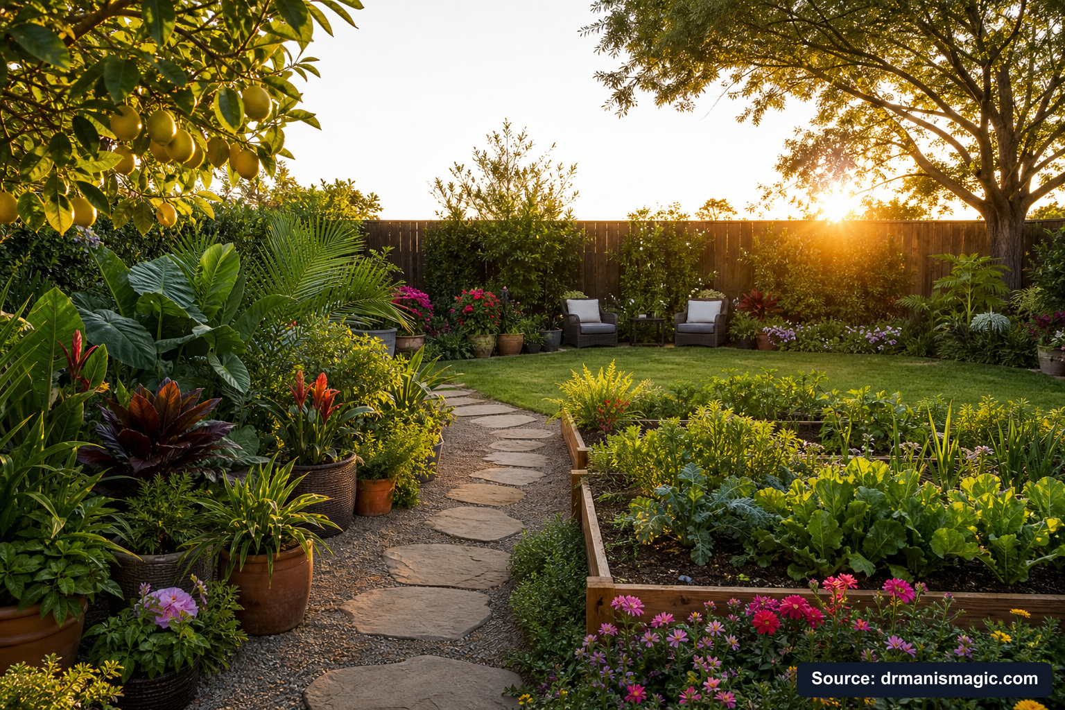 Lush, thriving backyard garden full of healthy plants and trees