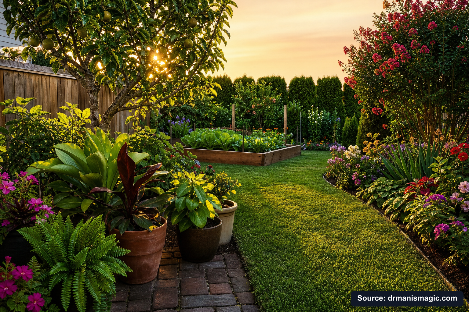 Lush, thriving backyard garden full of healthy plants and trees