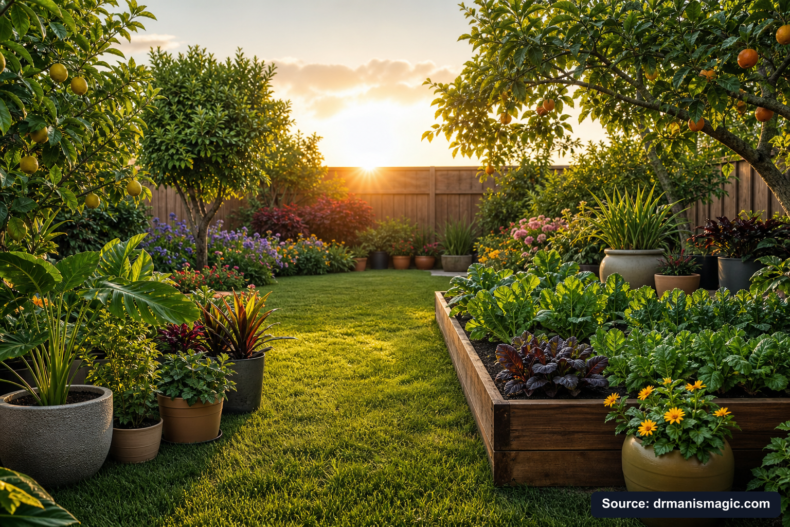 Lush, thriving backyard garden full of healthy plants and trees