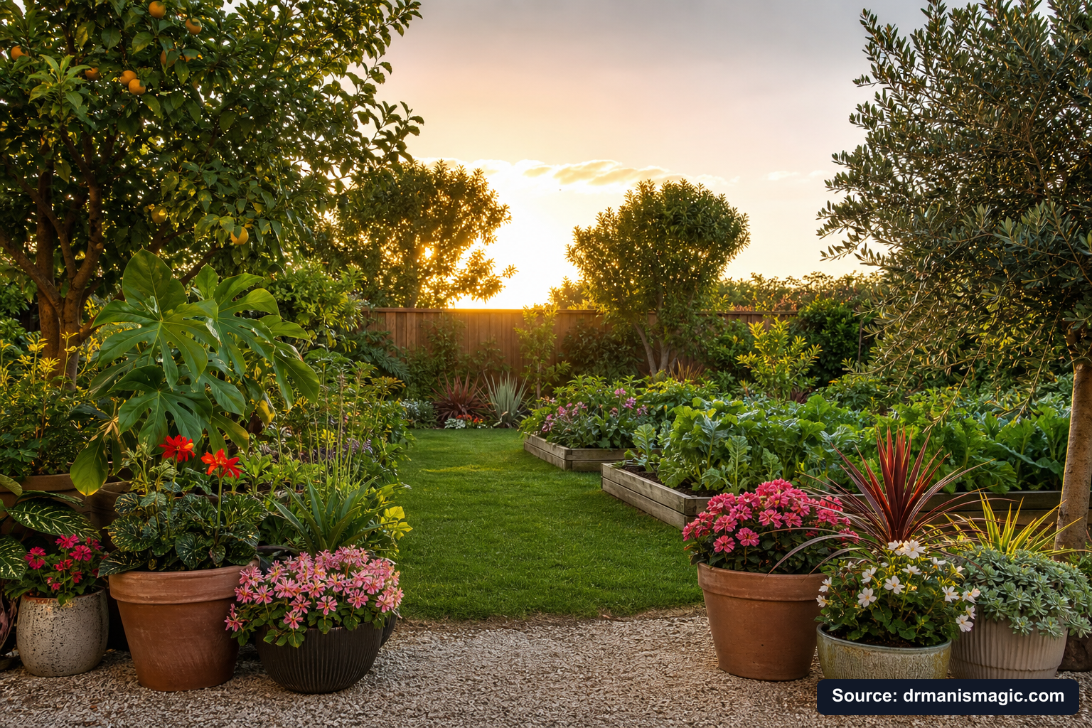 Lush, thriving backyard garden full of healthy plants and trees