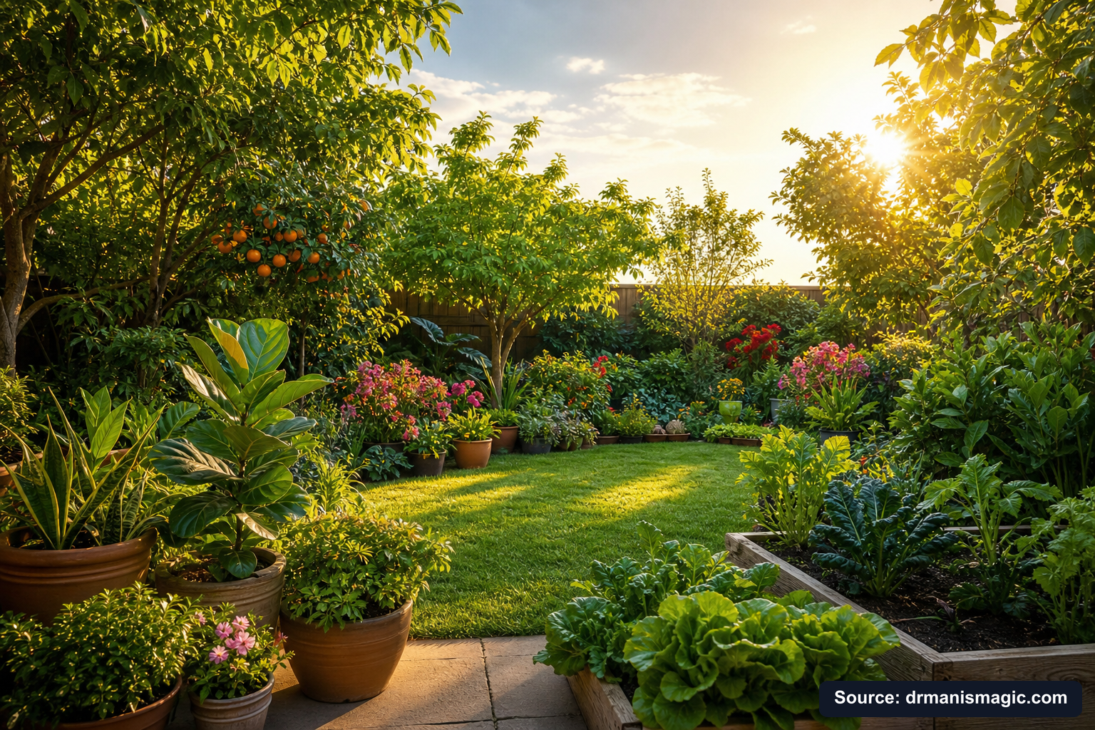 Lush, thriving backyard garden full of healthy plants and trees
