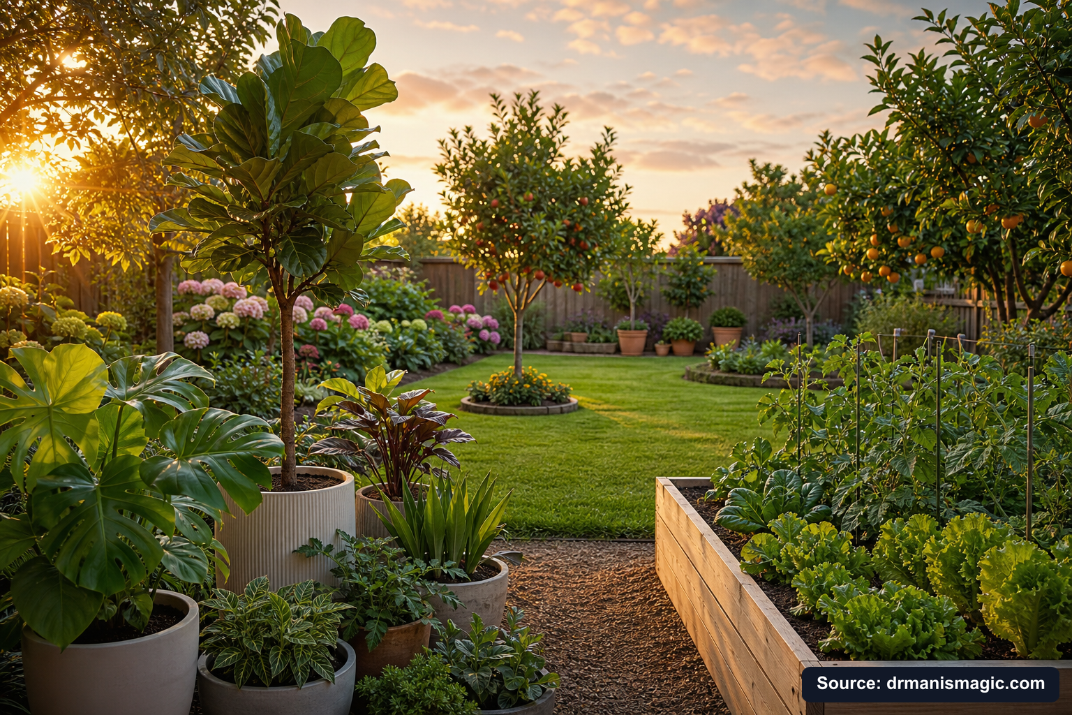 Lush, thriving backyard garden full of healthy plants and trees