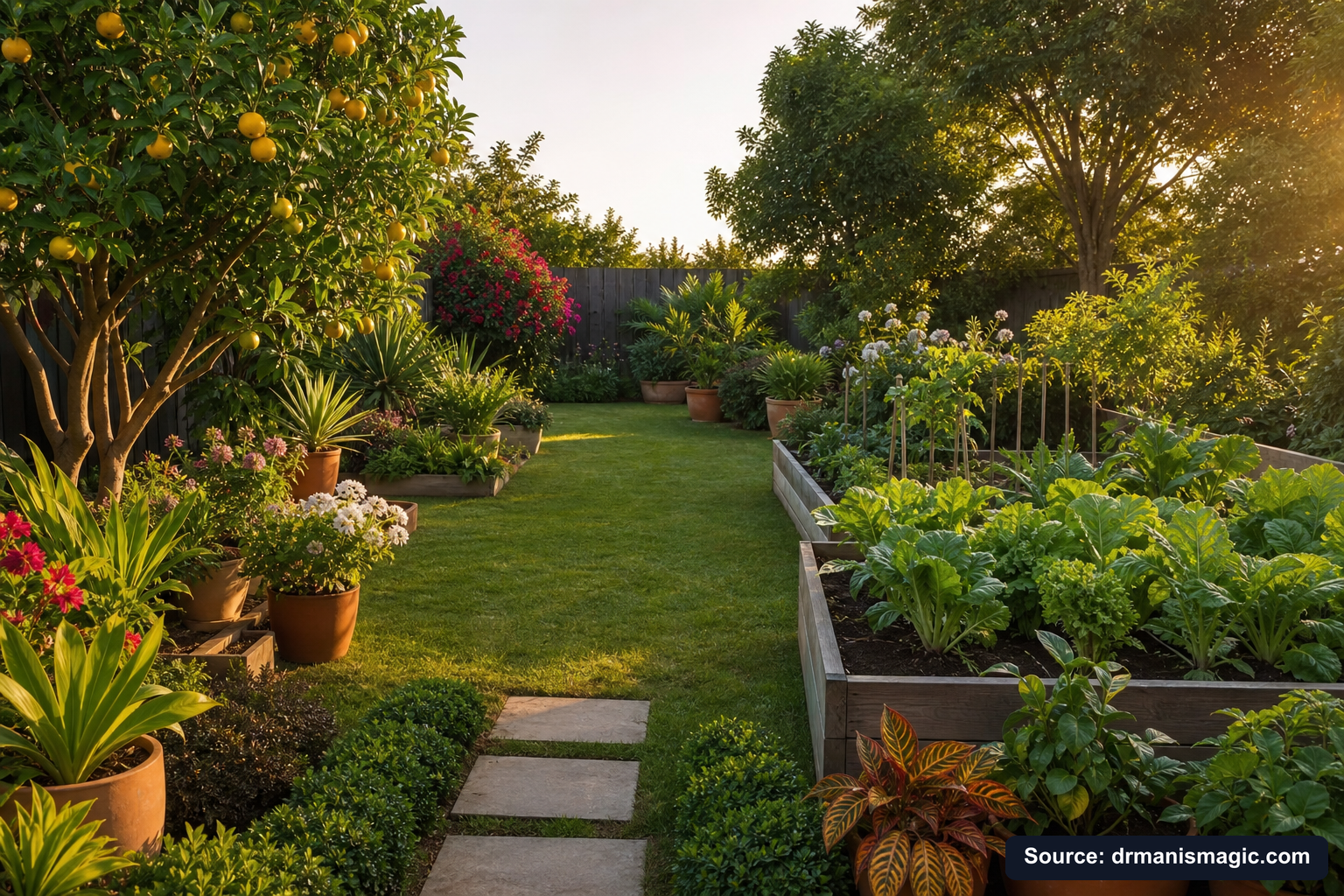 Lush, thriving backyard garden full of healthy plants and trees
