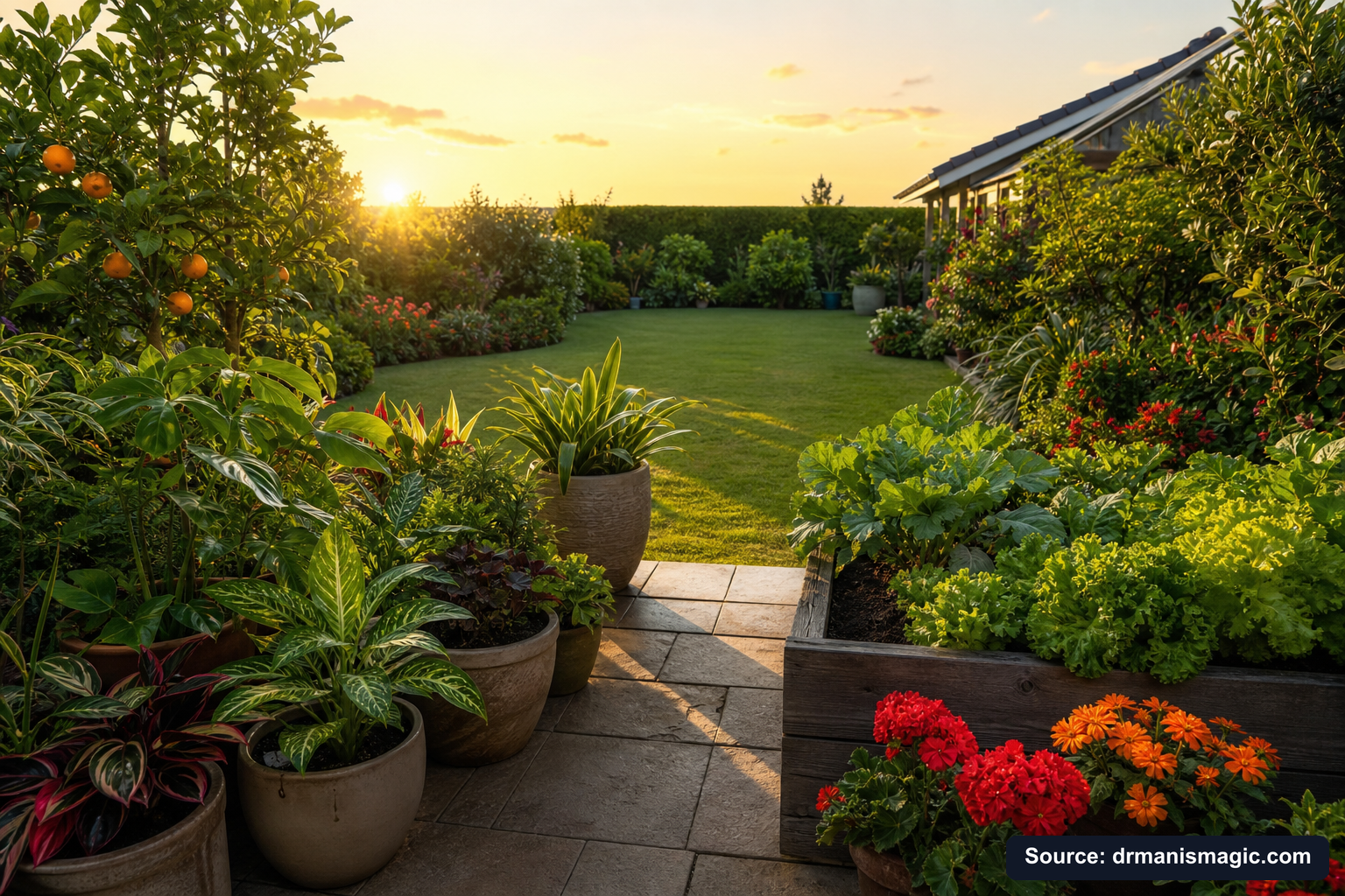 Lush, thriving backyard garden full of healthy plants and trees