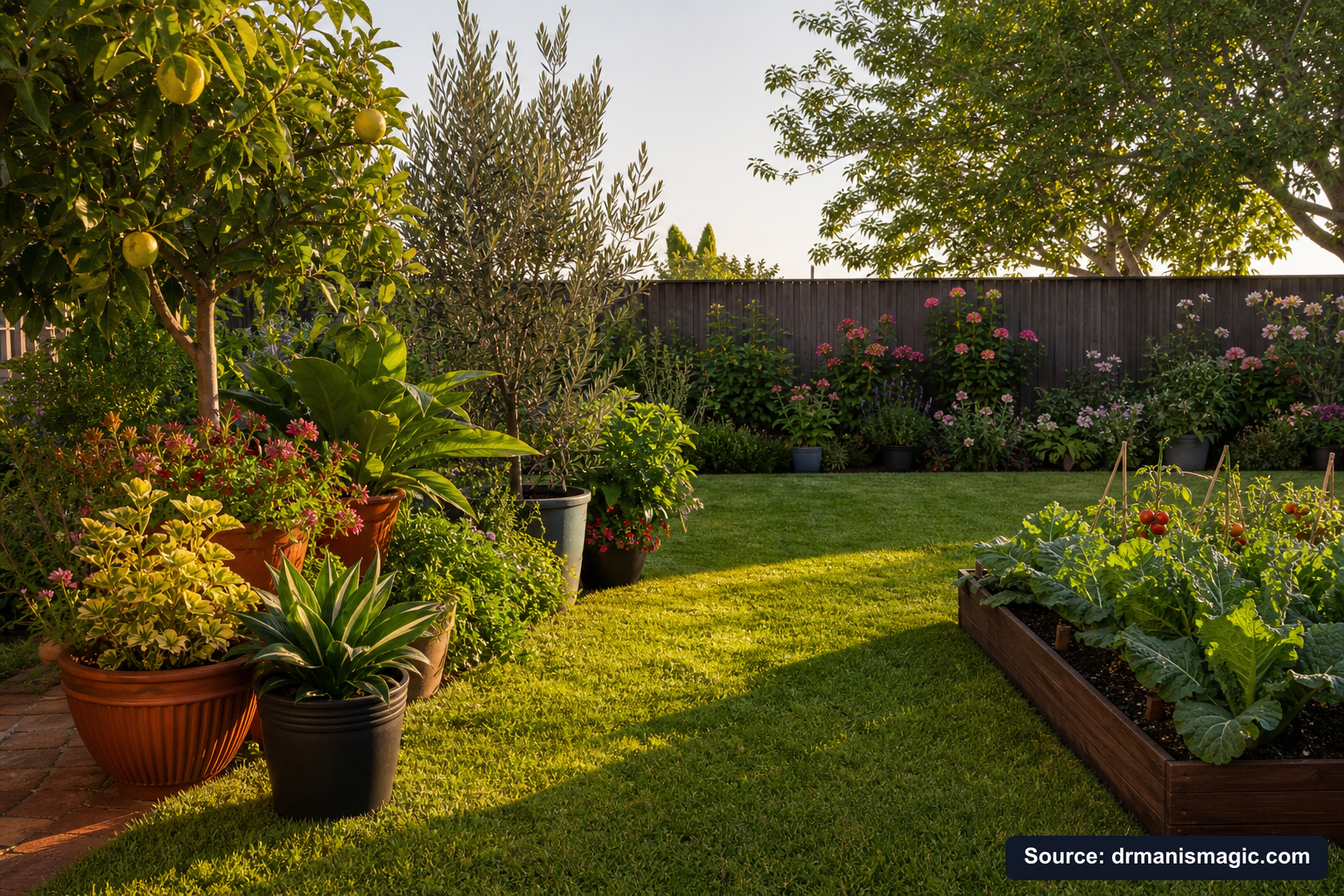 Lush, thriving backyard garden full of healthy plants and trees