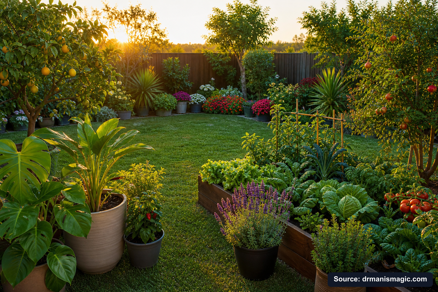 Lush, thriving backyard garden full of healthy plants and trees