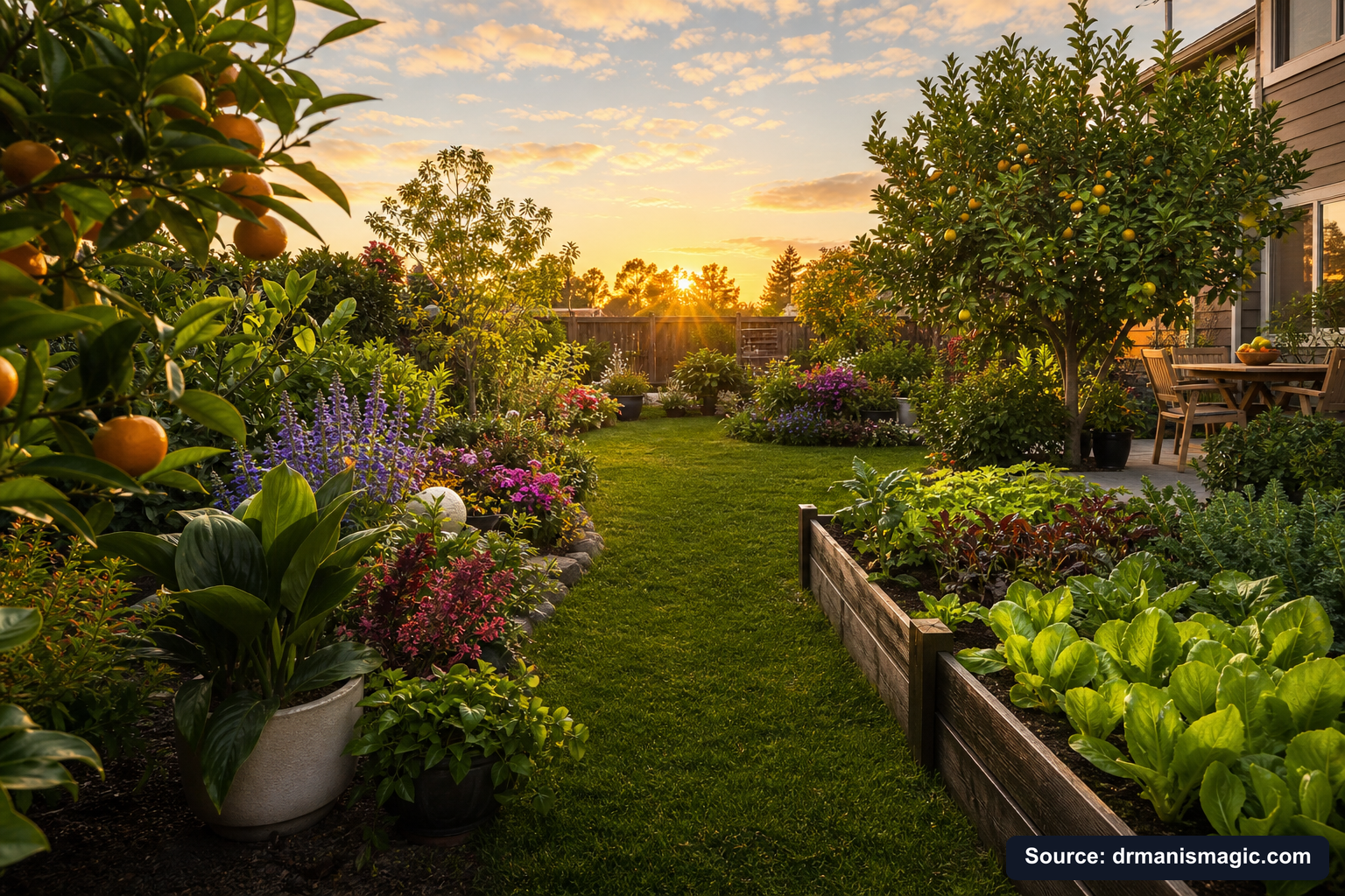 Lush, thriving backyard garden full of healthy plants and trees