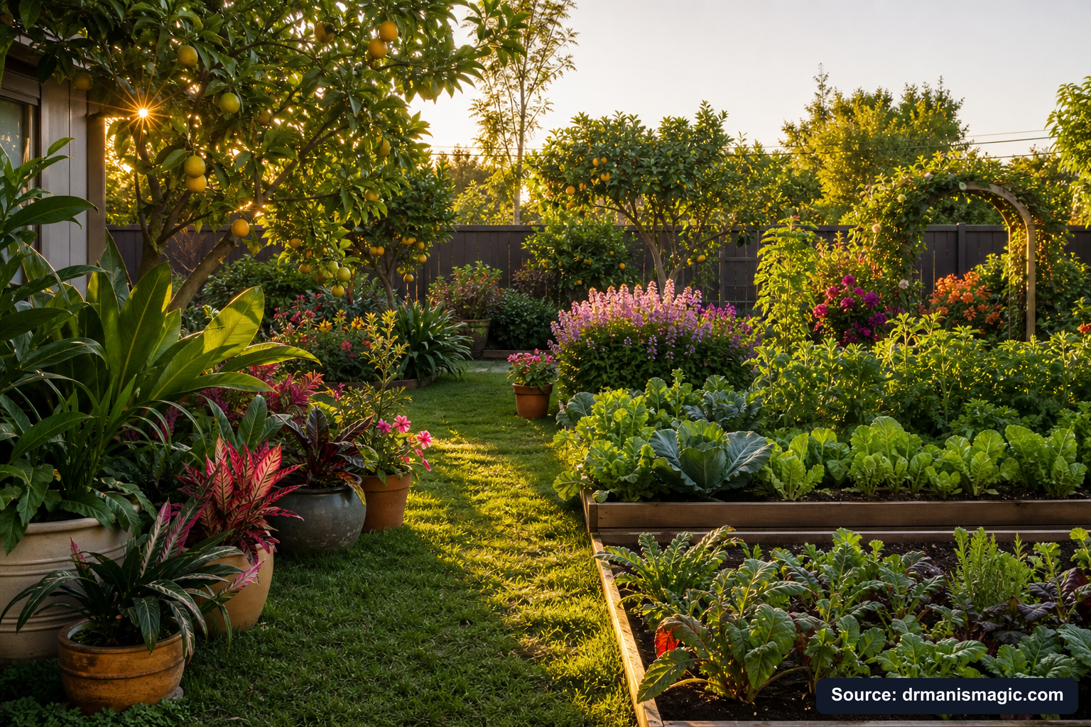 Lush, thriving backyard garden full of healthy plants and trees
