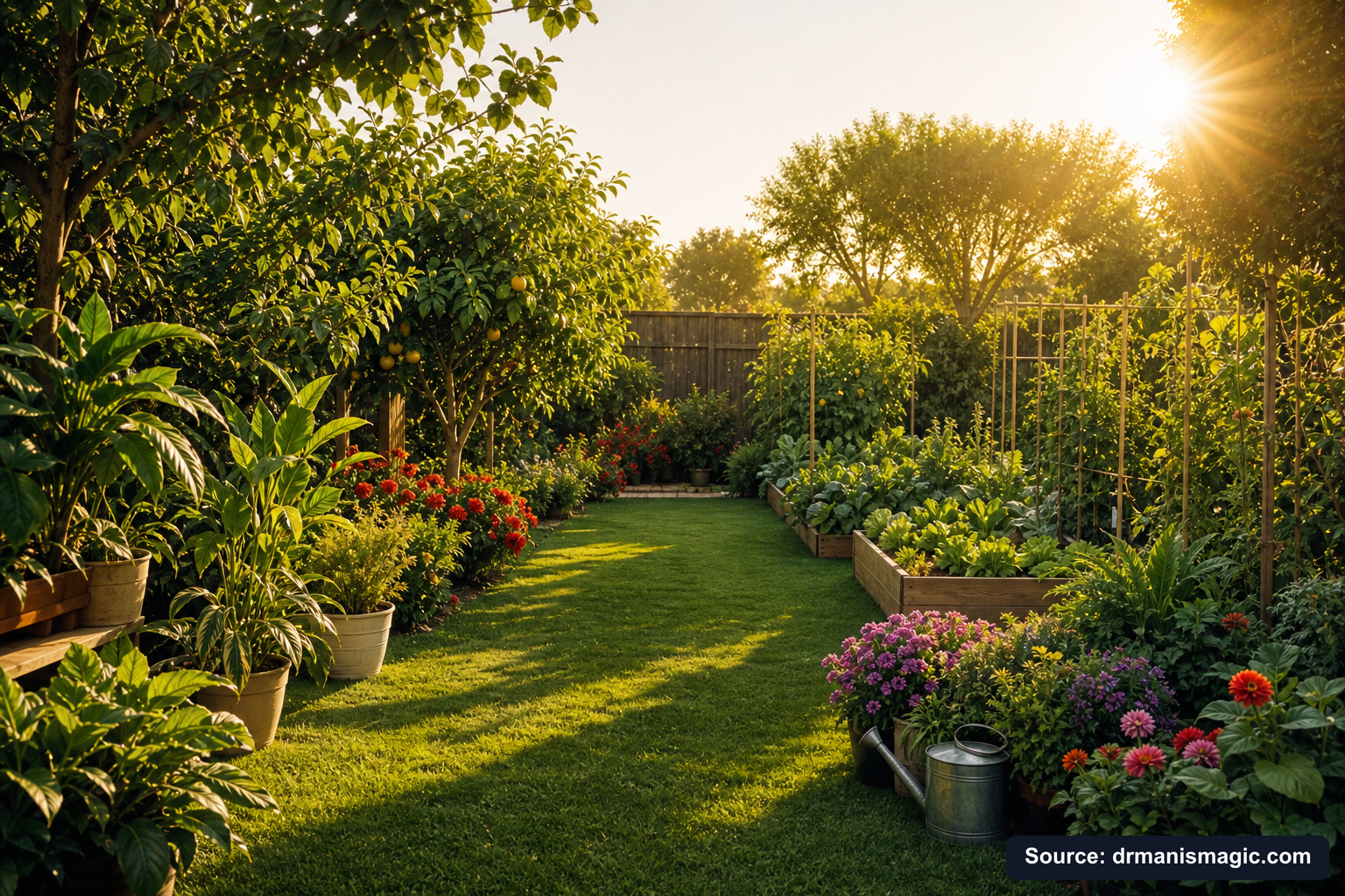 Lush, thriving backyard garden full of healthy plants and trees