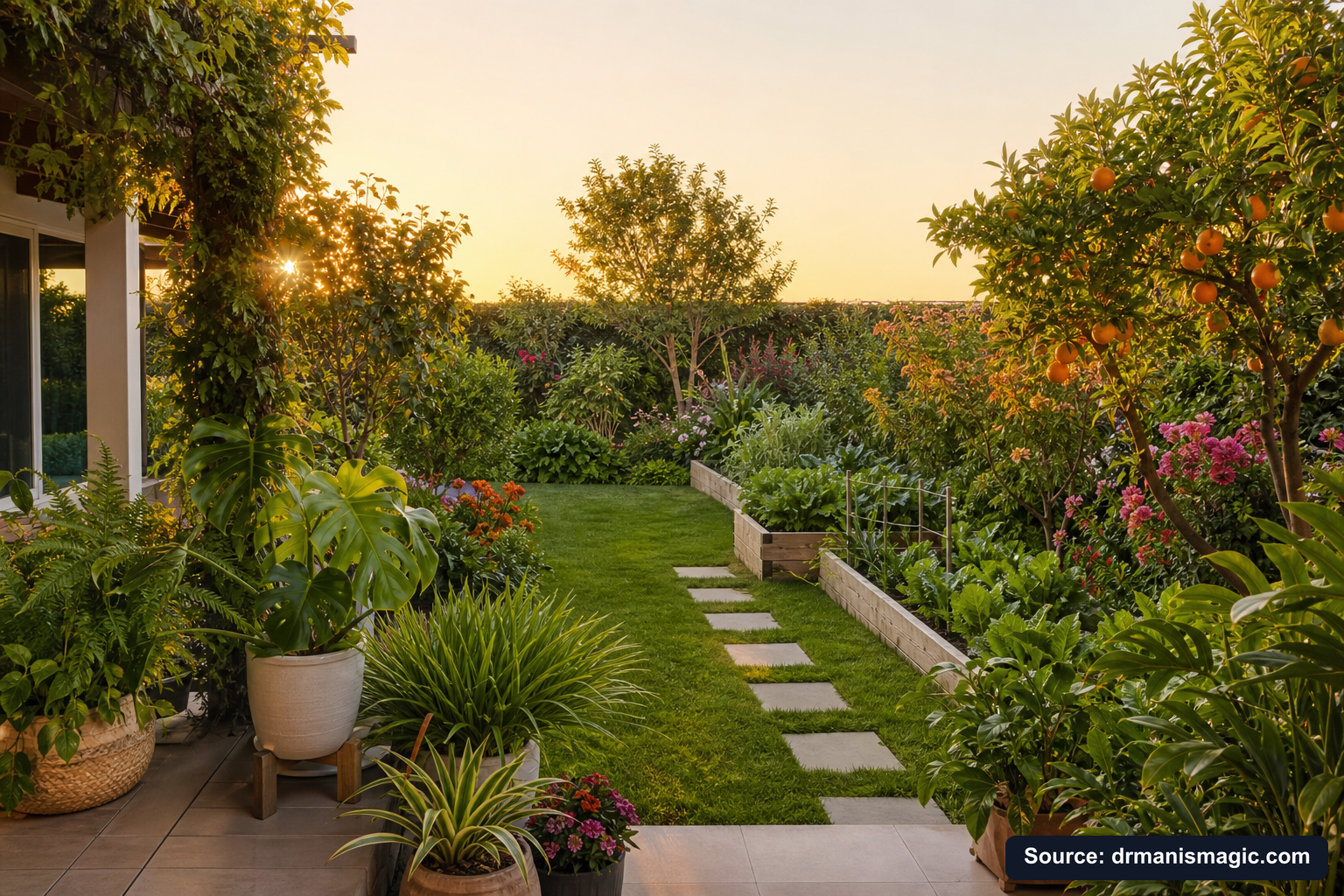 Lush, thriving backyard garden full of healthy plants and trees