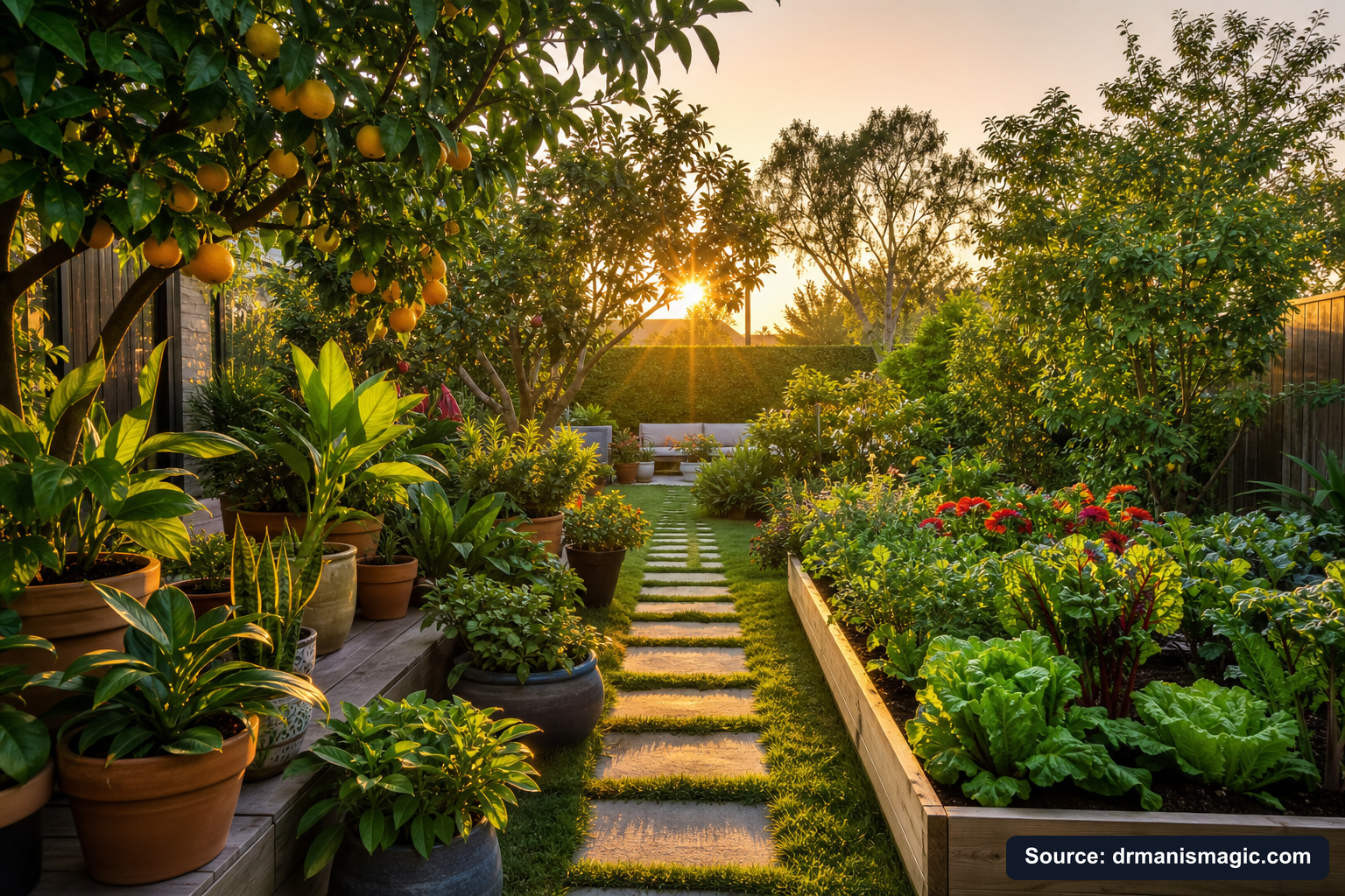Lush, thriving backyard garden full of healthy plants and trees