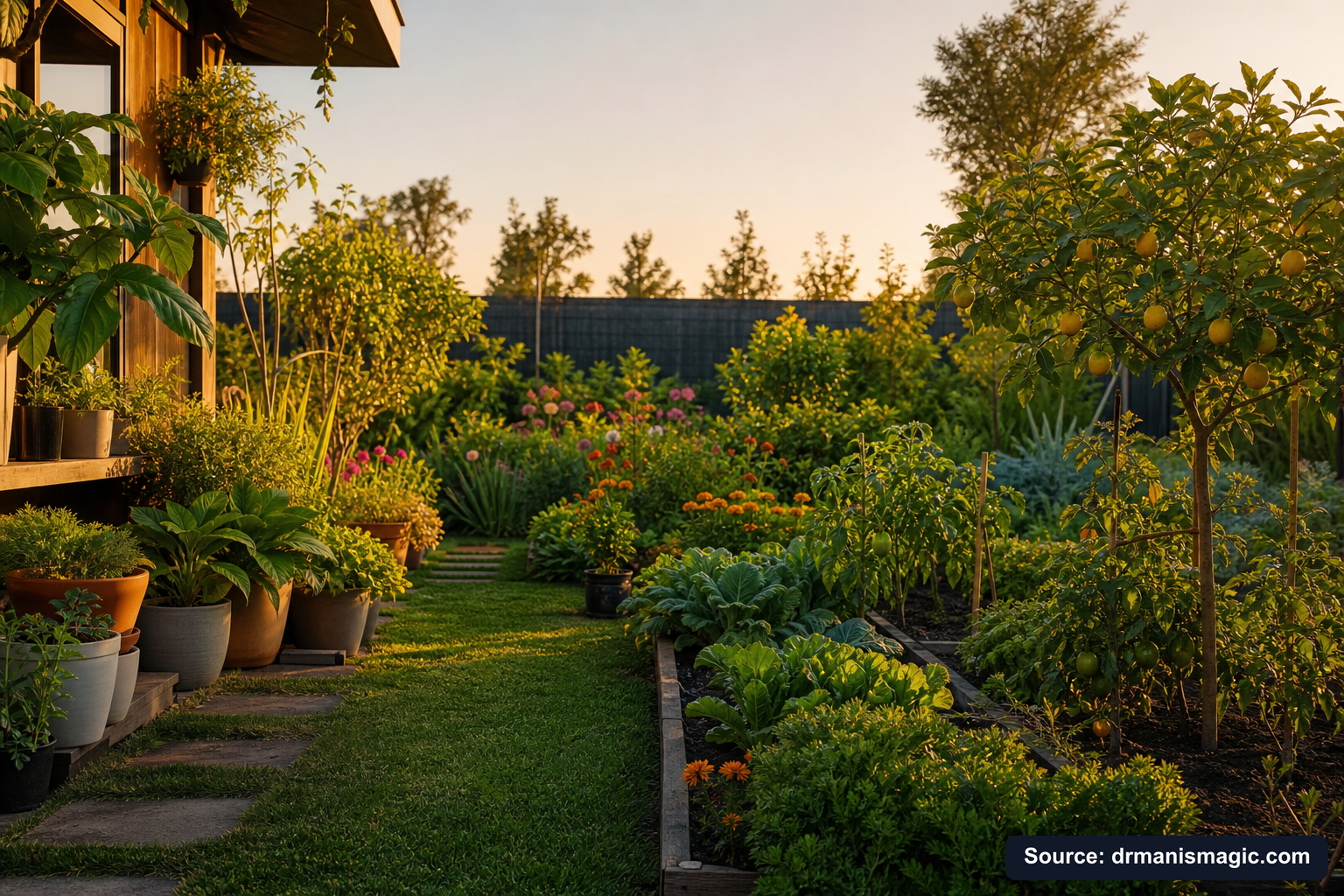 Lush, thriving backyard garden full of healthy plants and trees