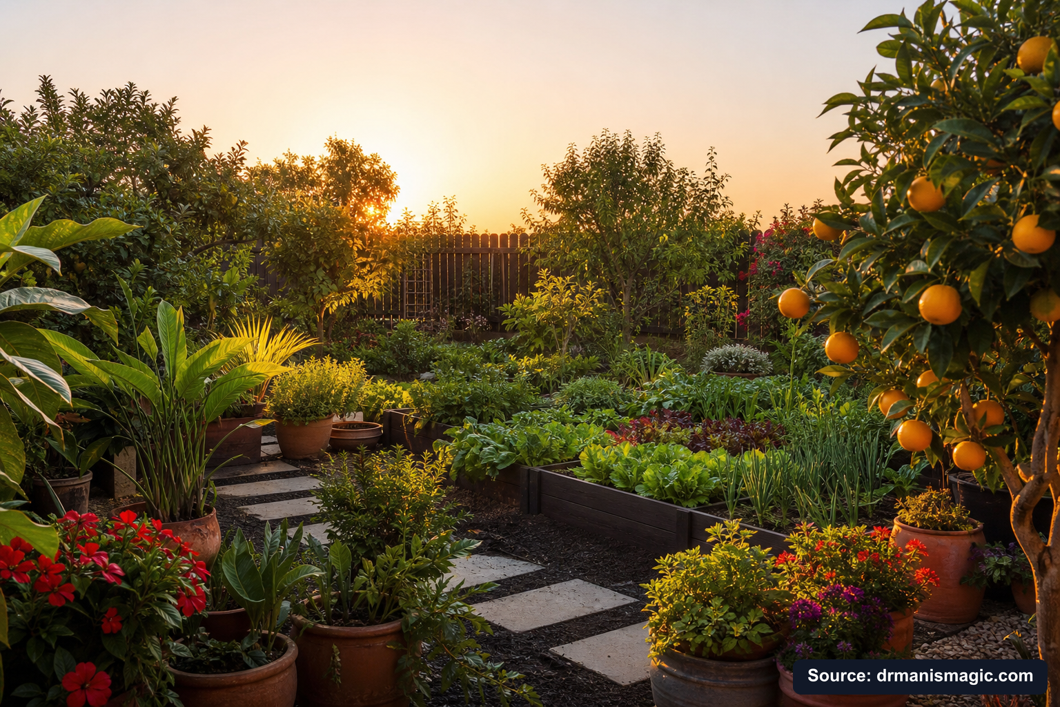 Lush, thriving backyard garden full of healthy plants and trees