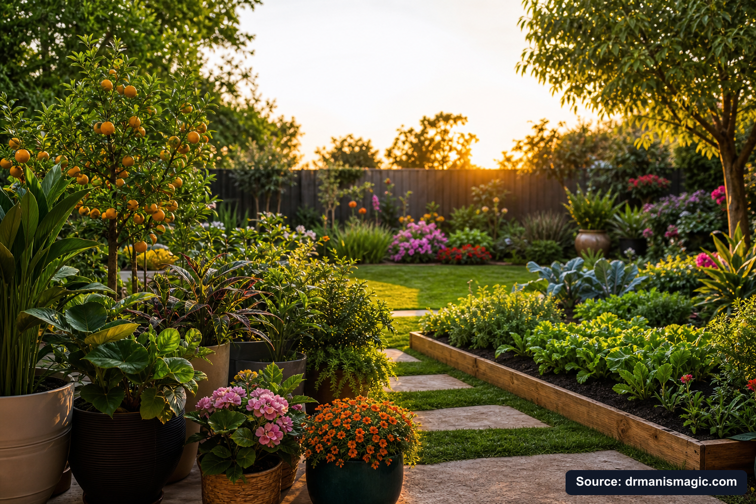 Lush, thriving backyard garden full of healthy plants and trees