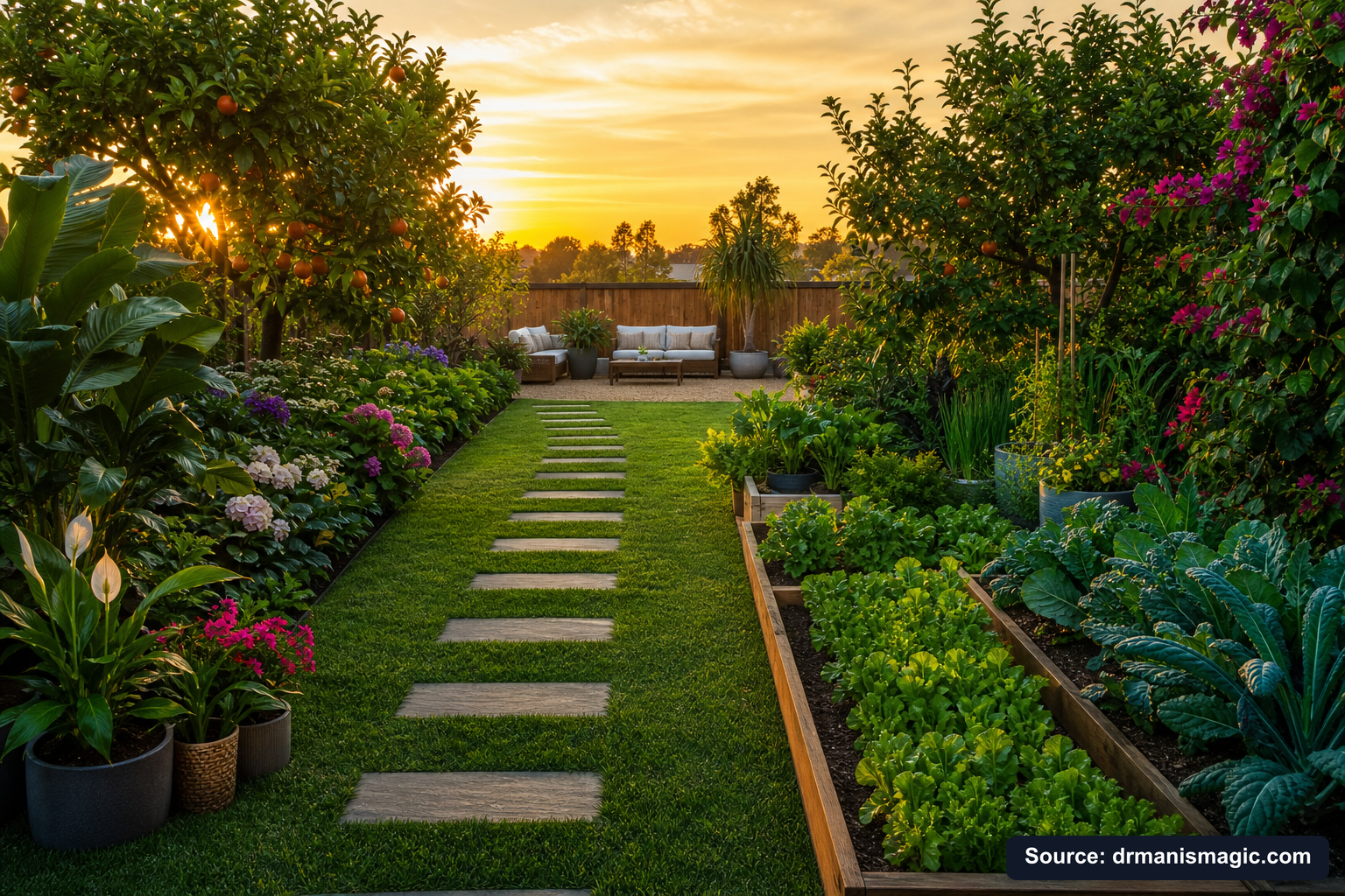 Lush, thriving backyard garden full of healthy plants and trees
