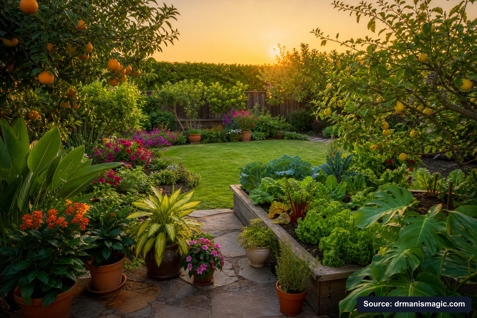 Lush, thriving backyard garden full of healthy plants and trees