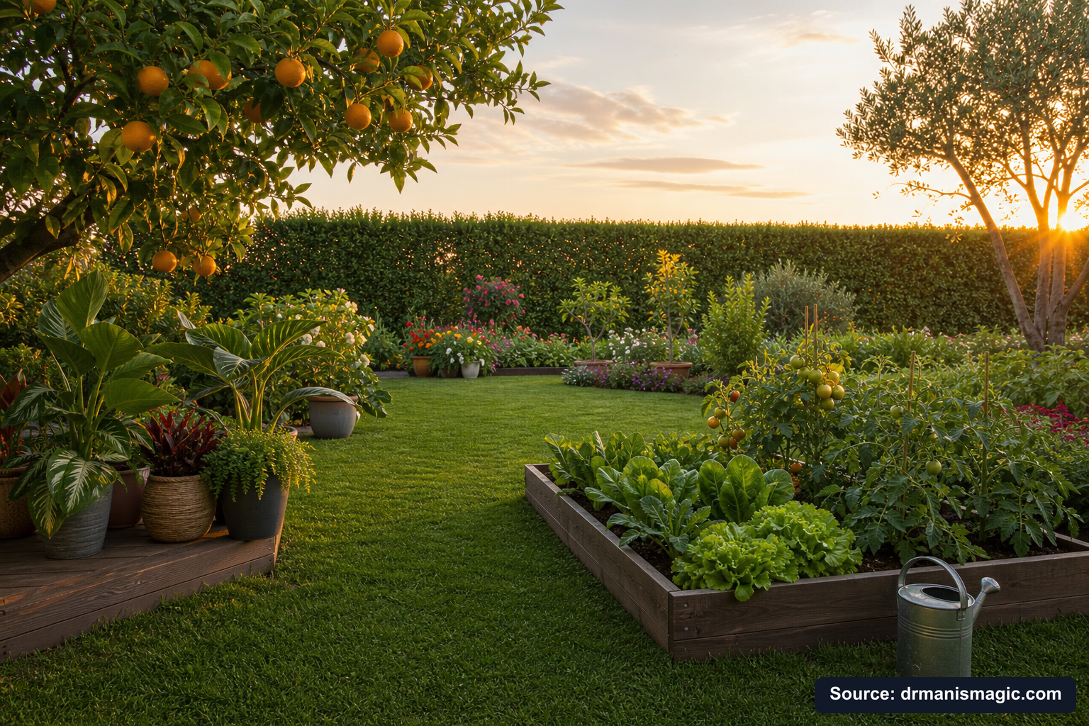 Lush, thriving backyard garden full of healthy plants and trees